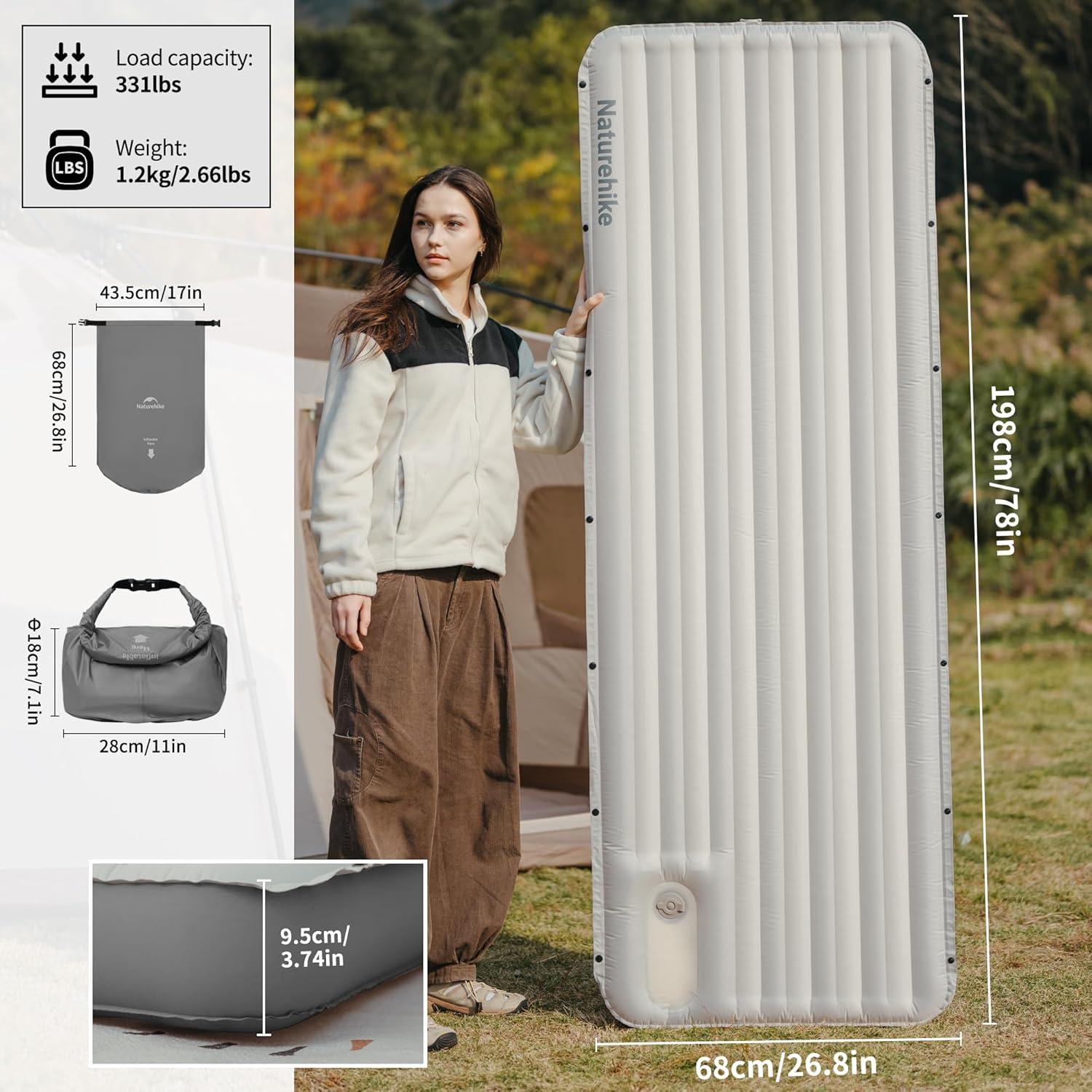 Naturehike Single Camping Mattress, Splicable Sleeping Pad with Air Pump Sack, 3.74" Thick Sleeping Mats with Strong Support for Travel, Car, Tent, Home