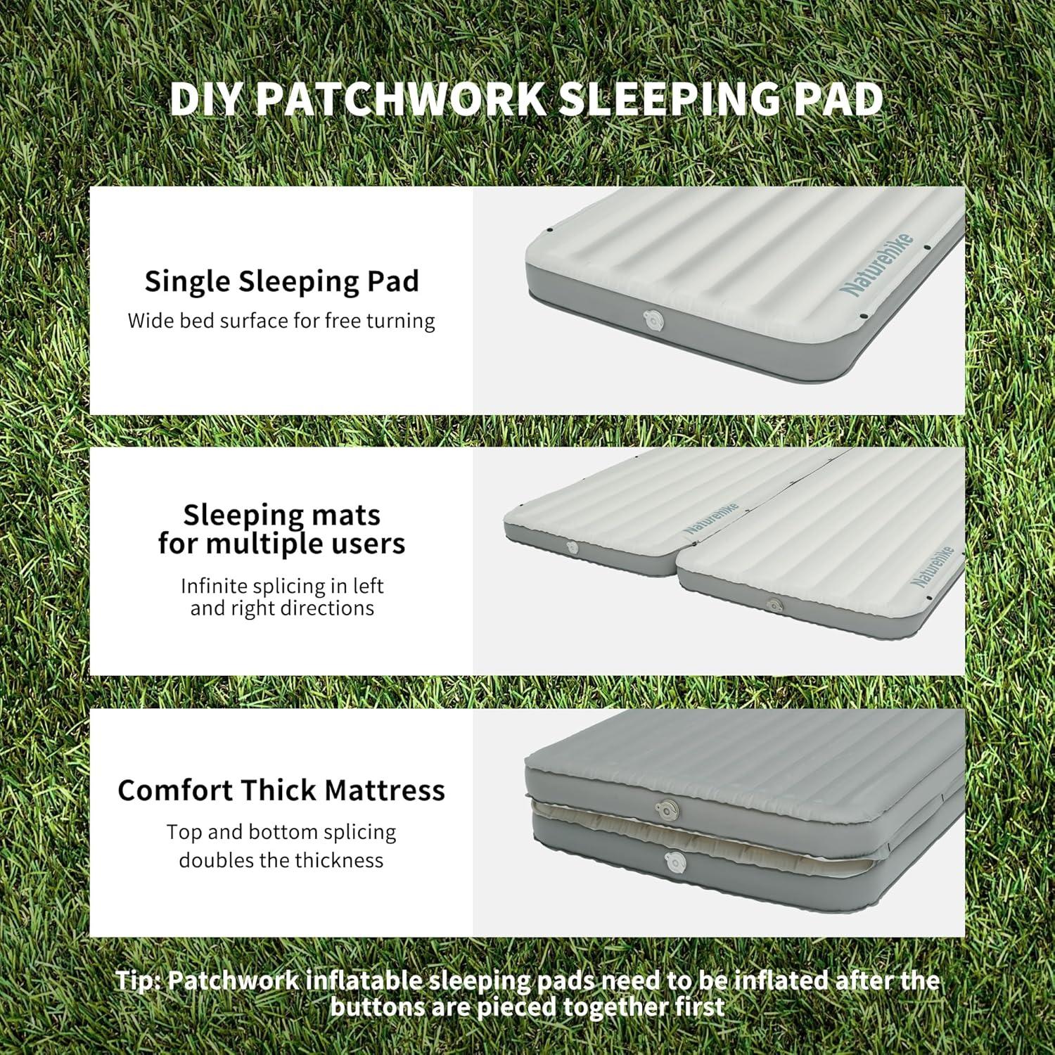 Naturehike Single Camping Mattress, Splicable Sleeping Pad with Air Pump Sack, 3.74" Thick Sleeping Mats with Strong Support for Travel, Car, Tent, Home