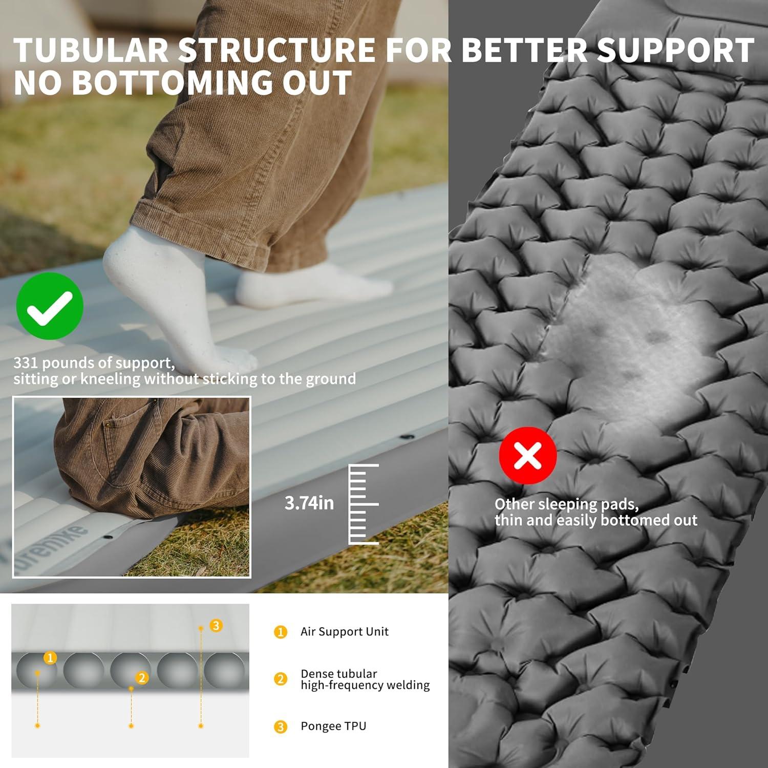 Naturehike Single Camping Mattress, Splicable Sleeping Pad with Air Pump Sack, 3.74" Thick Sleeping Mats with Strong Support for Travel, Car, Tent, Home