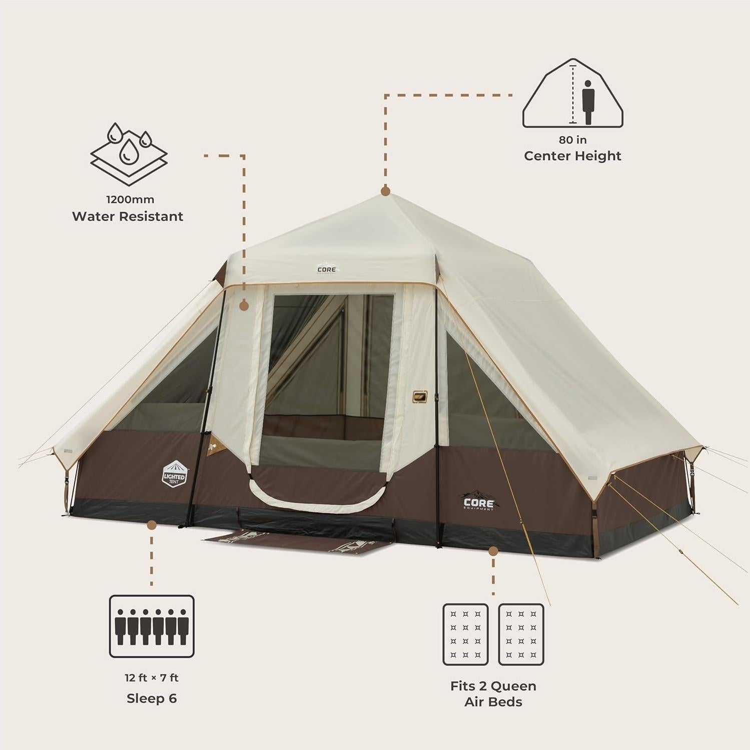Carpa Instantánea CORE Iluminada 6 Personas con LED y Bolsa