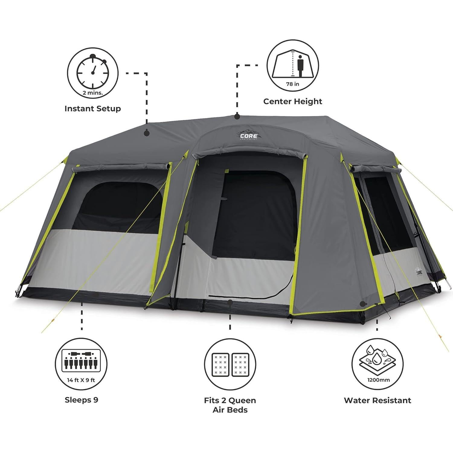 CORE 9 Person Instant Cabin Tent with Full Rainfly with Footprint and Tent Kit