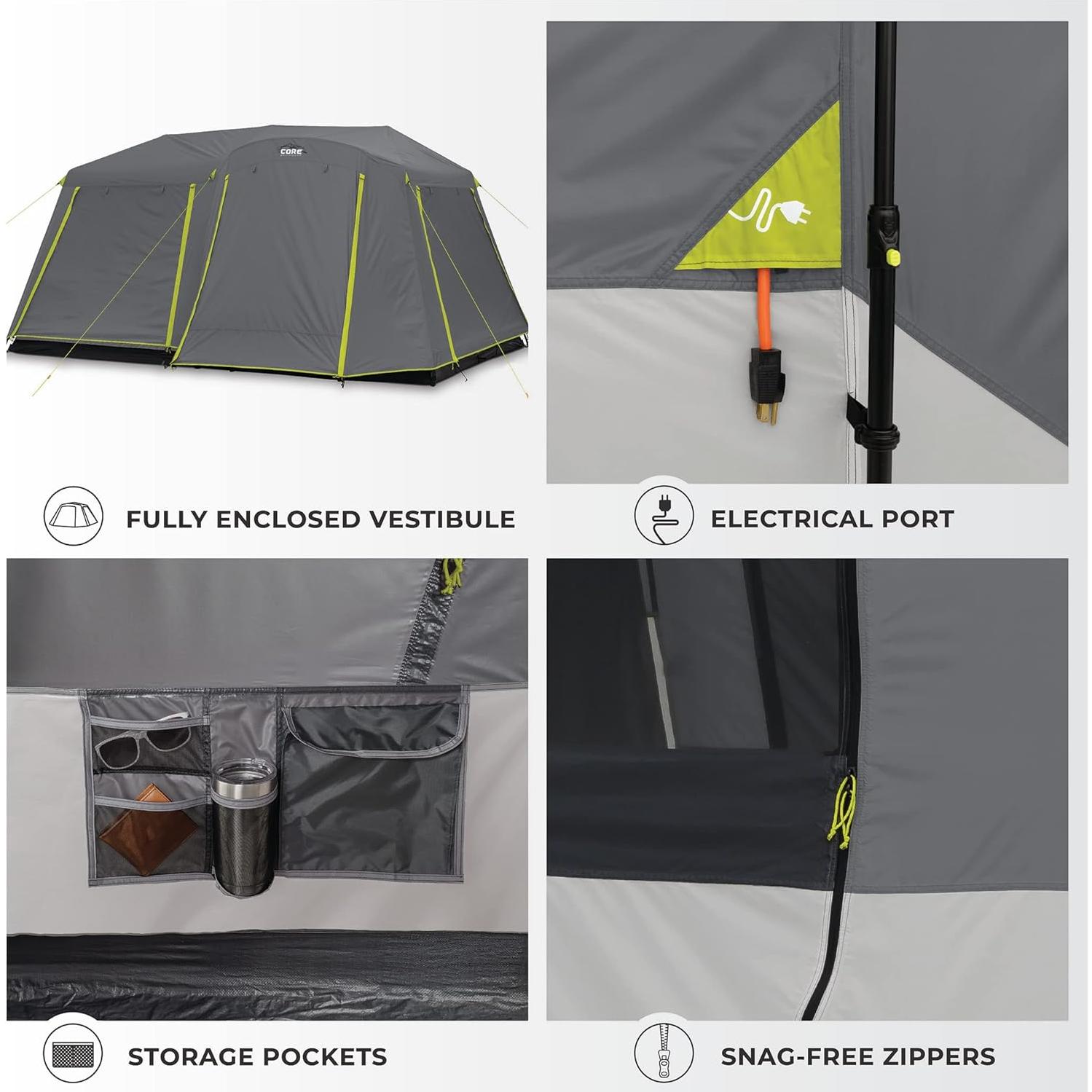 CORE 9 Person Instant Cabin Tent with Full Rainfly with Footprint and Tent Kit