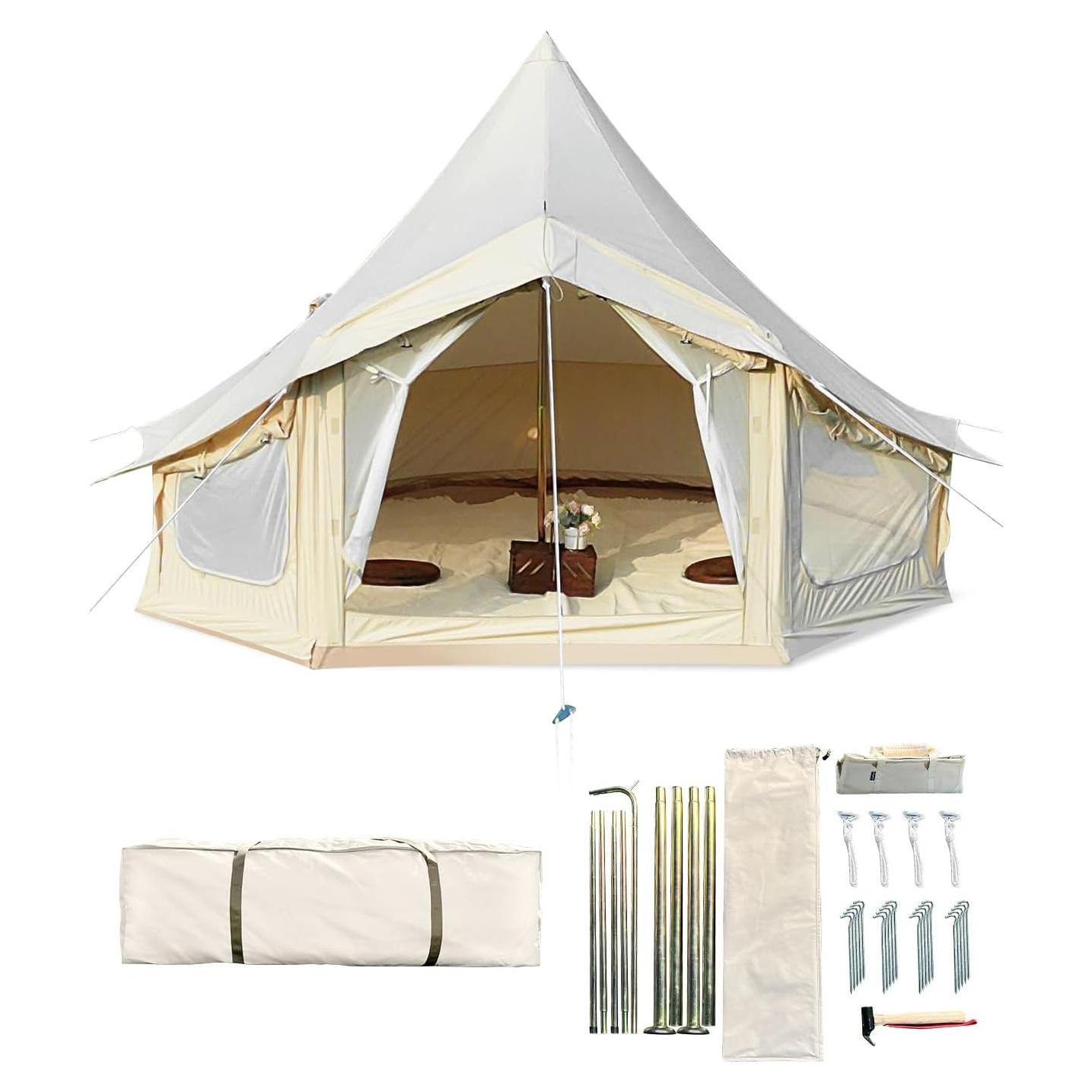 Canvas Bell Tent, 4 Seasons Yurt Tent with 2 Stove Jack, 4 Mesh Zippers Windows, Breathable Waterproof Tent Suitable for 4-12 People, Family Camping Outdoor Party