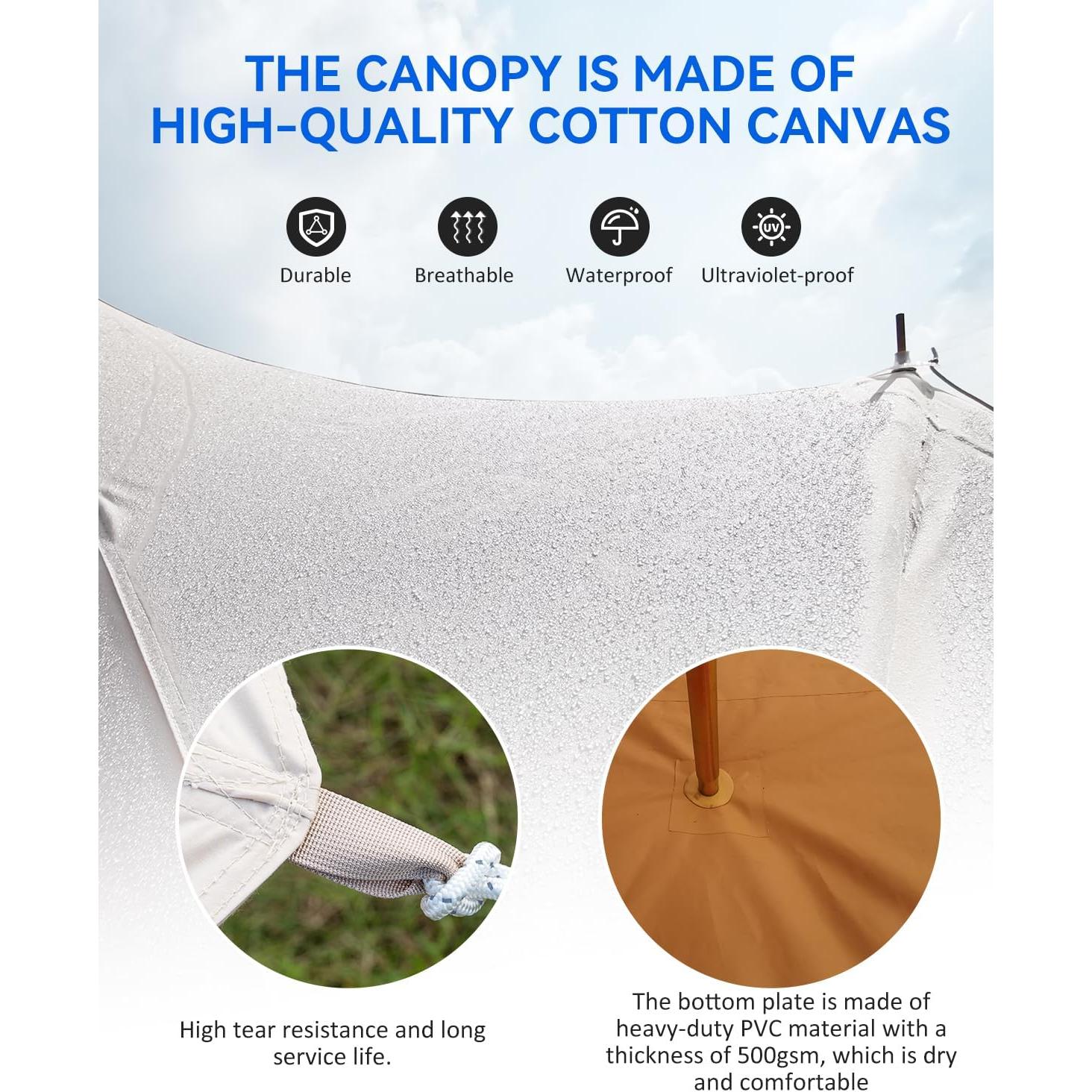 Canvas Bell Tent, 4 Seasons Yurt Tent with 2 Stove Jack, 4 Mesh Zippers Windows, Breathable Waterproof Tent Suitable for 4-12 People, Family Camping Outdoor Party