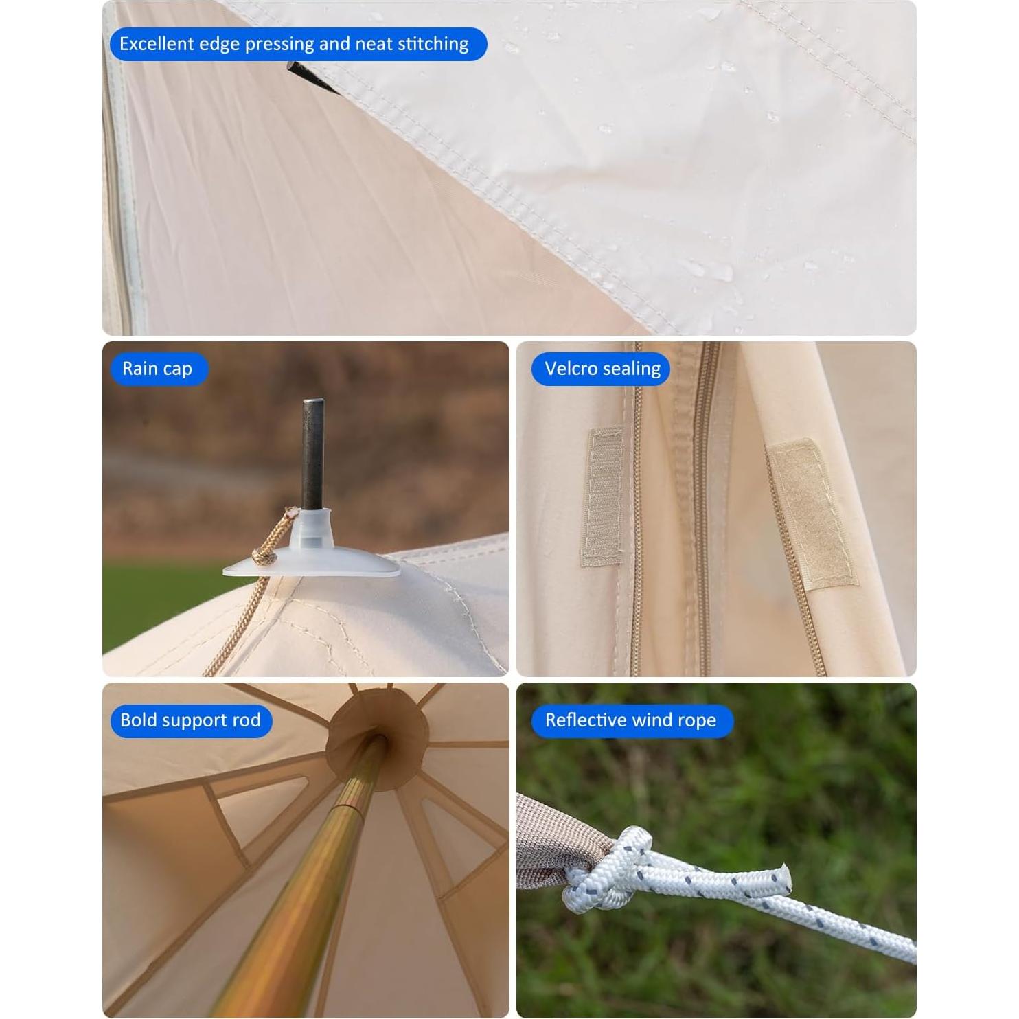 Canvas Bell Tent, 4 Seasons Yurt Tent with 2 Stove Jack, 4 Mesh Zippers Windows, Breathable Waterproof Tent Suitable for 4-12 People, Family Camping Outdoor Party