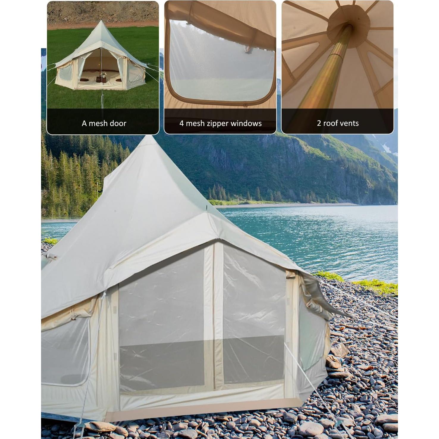 Canvas Bell Tent, 4 Seasons Yurt Tent with 2 Stove Jack, 4 Mesh Zippers Windows, Breathable Waterproof Tent Suitable for 4-12 People, Family Camping Outdoor Party