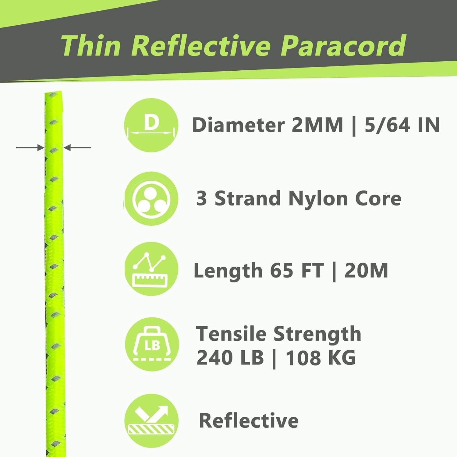 2mm Reflective Guyline Camping Paracord, 65 Feet 240lb Ultralight Thin Cord Rope for Tarp Rain Fly Tent Camping (Green)