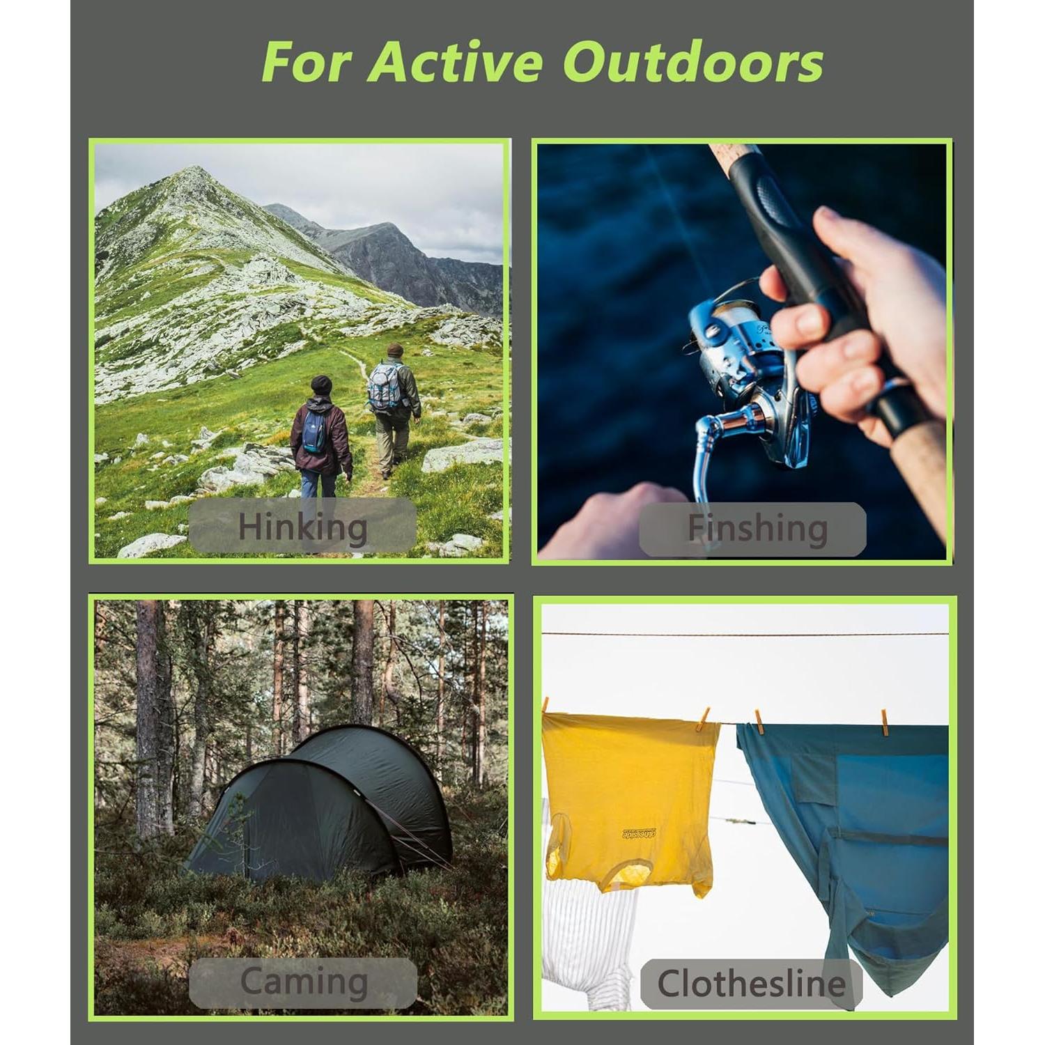 2mm Reflective Guyline Camping Paracord, 65 Feet 240lb Ultralight Thin Cord Rope for Tarp Rain Fly Tent Camping (Green)