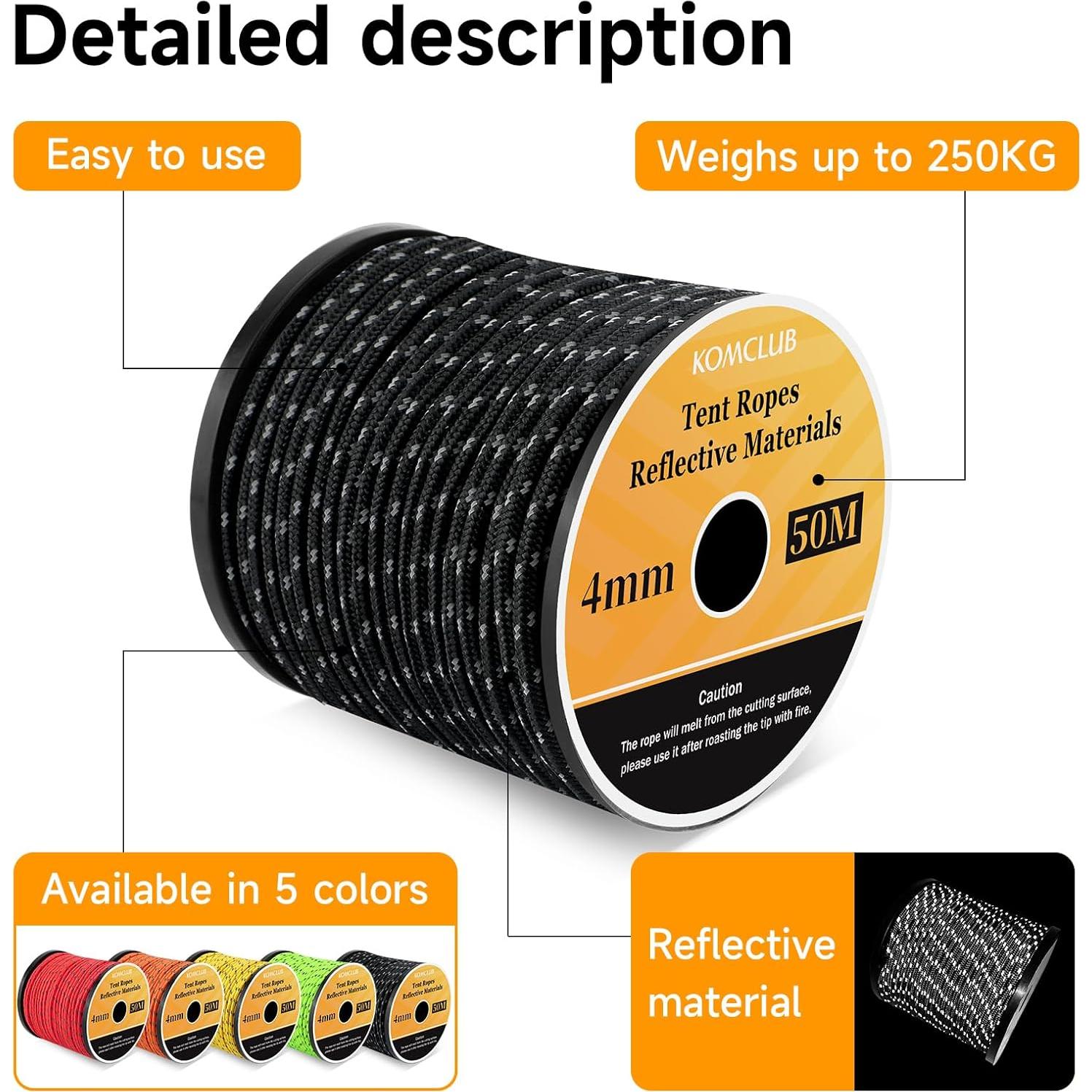 Cuerda Reflectante de Camping KOMCLUB 50M 4mm Negra