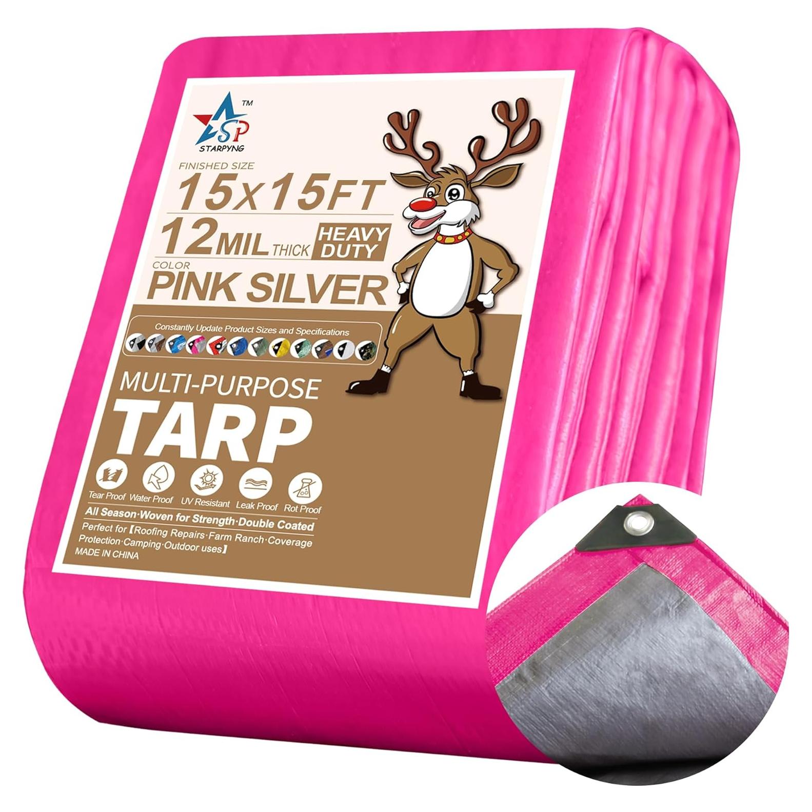 STARPYNG-12 Mil Pink/Silver 15x15 Feet Tarp-Heavy Duty Poly Tarp-Cover,Waterproof, UV Resistant, Weather Resistant, Cover Cars, Boats, Courtyards,Camping