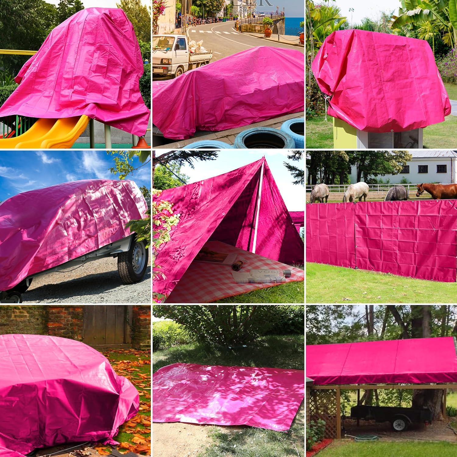 STARPYNG-12 Mil Pink/Silver 15x15 Feet Tarp-Heavy Duty Poly Tarp-Cover,Waterproof, UV Resistant, Weather Resistant, Cover Cars, Boats, Courtyards,Camping
