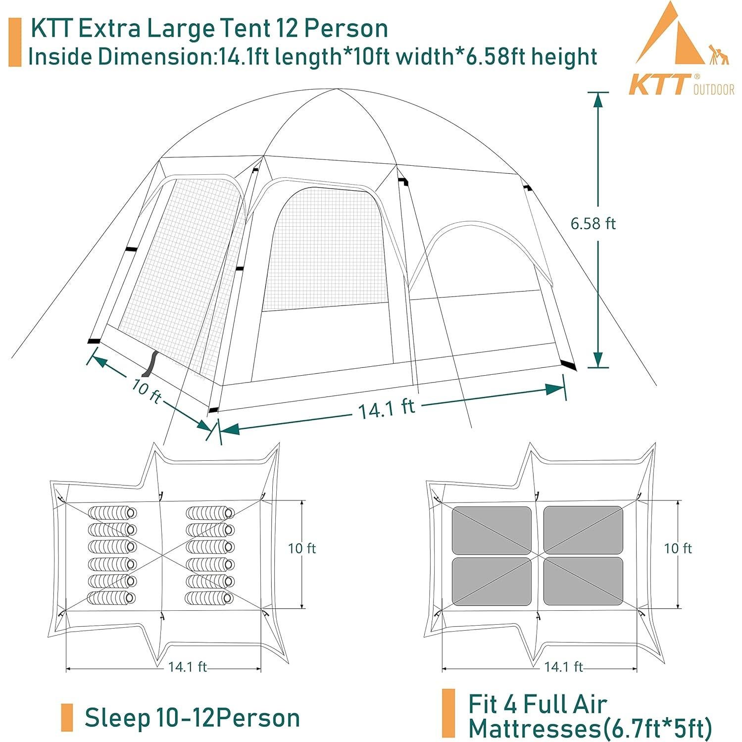 Carpa KTT Extra Grande para 12 Personas, Impermeable, 2 Habitaciones