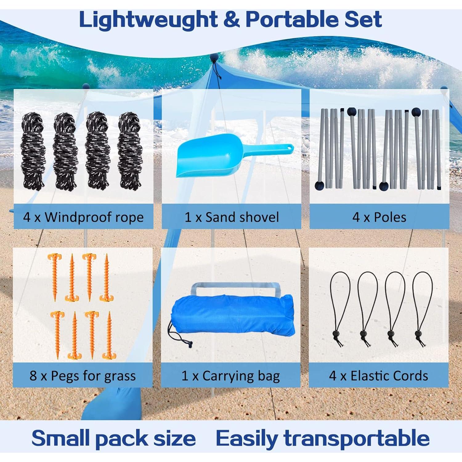 Tienda de Playa YENGIAM 11x11 PIES UPF50+ con 4 Postes