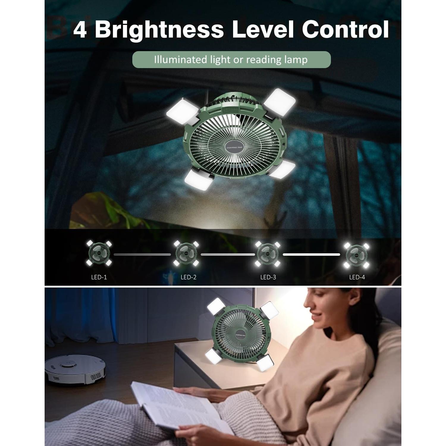 Camping Fan with LED Lantern, 8000mAh Rechargeable Battery Powered Tent Fan for Camping Hanging, Camping Outdoor Fan with Remote, 4 Speed Camping Fan for Tents,Travel,Home,Fishing,Sleep,Emergency