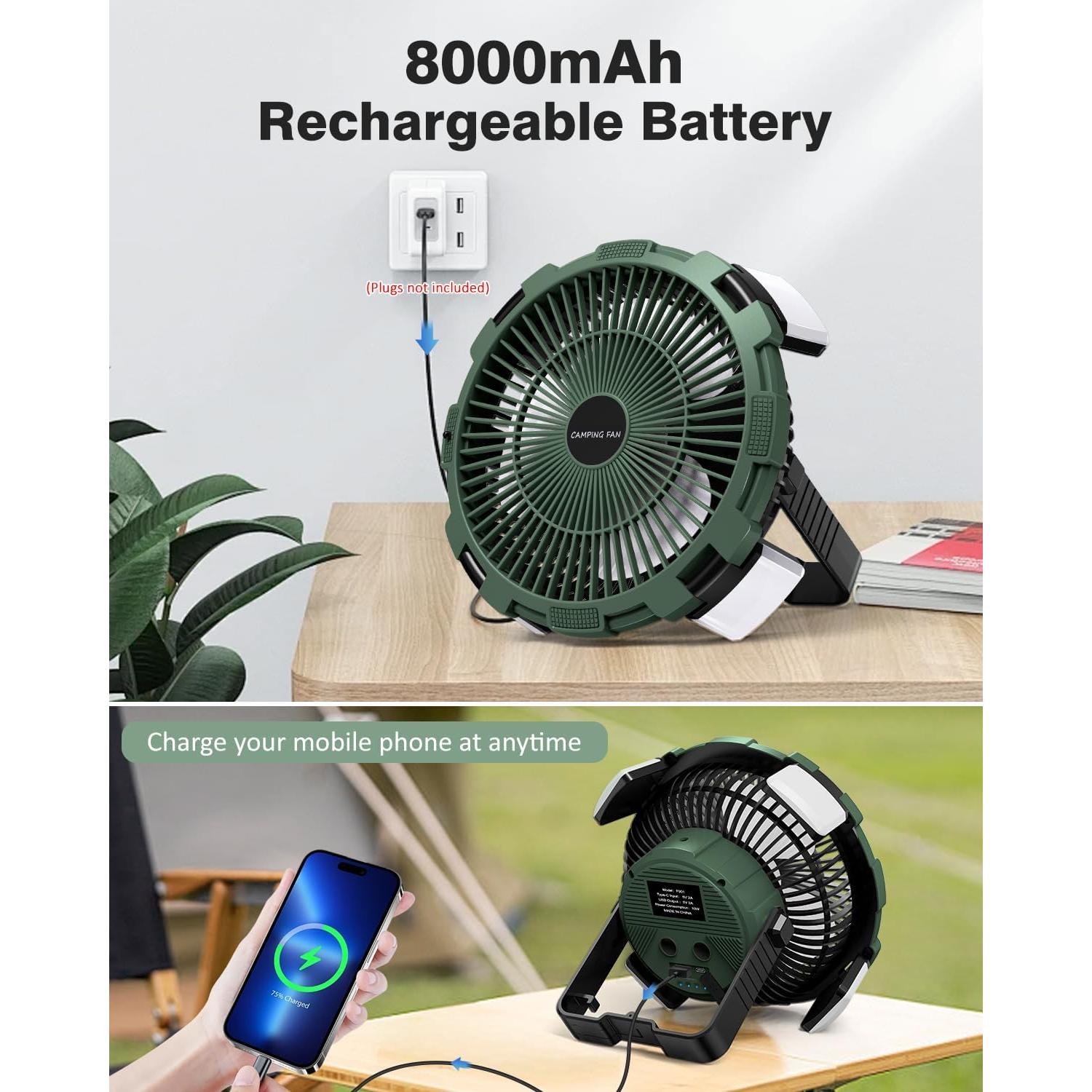 Camping Fan with LED Lantern, 8000mAh Rechargeable Battery Powered Tent Fan for Camping Hanging, Camping Outdoor Fan with Remote, 4 Speed Camping Fan for Tents,Travel,Home,Fishing,Sleep,Emergency