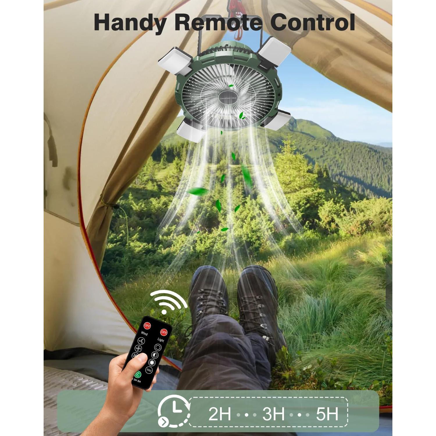 Camping Fan with LED Lantern, 8000mAh Rechargeable Battery Powered Tent Fan for Camping Hanging, Camping Outdoor Fan with Remote, 4 Speed Camping Fan for Tents,Travel,Home,Fishing,Sleep,Emergency