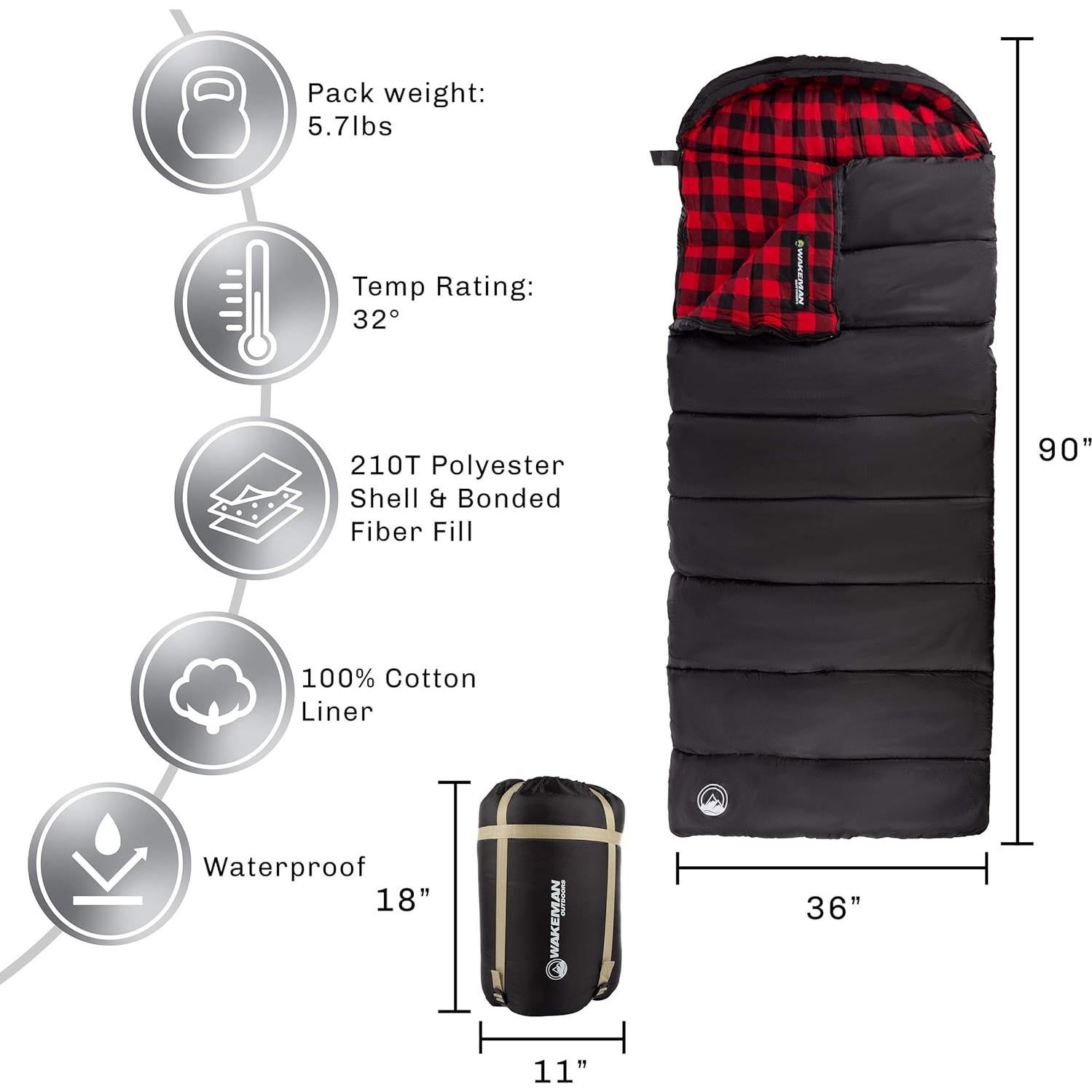 Saco de Dormir Wakeman 0C Compacto con Capucha para Camping