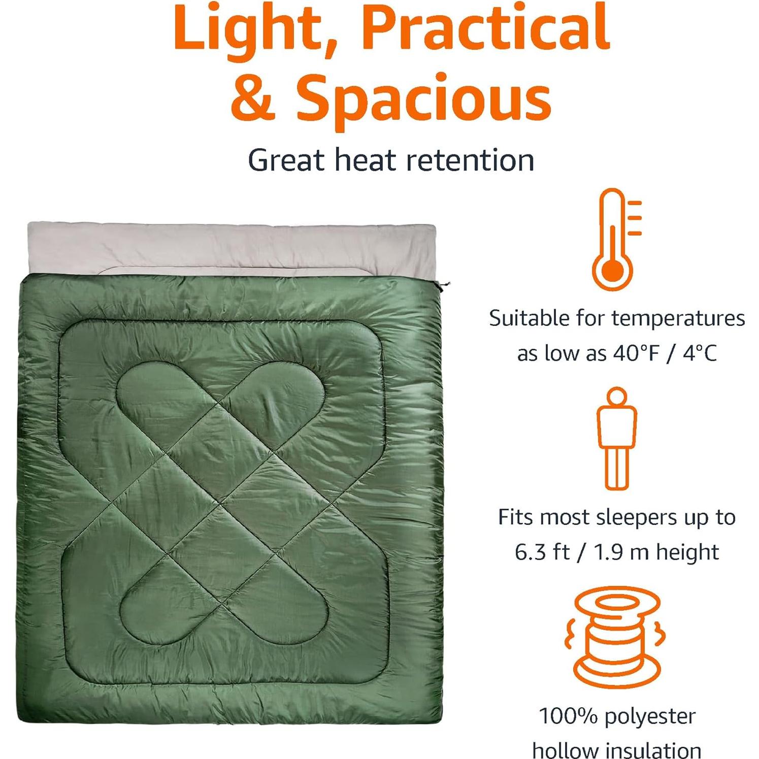 Saco de Dormir Doble Amazon Basics 3 Estaciones 220x150cm Verde