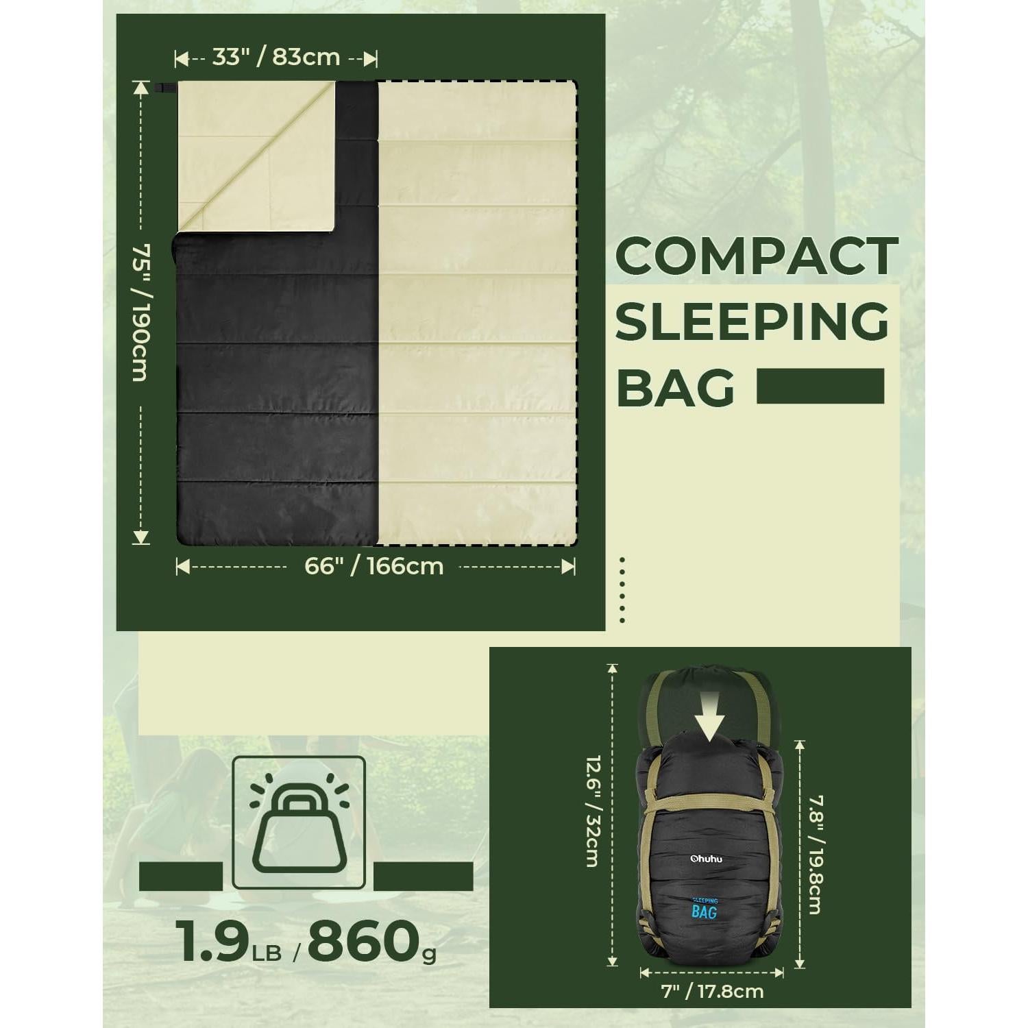 Saco de dormir Ohuhu ligero 1 persona 190x84 cm negro