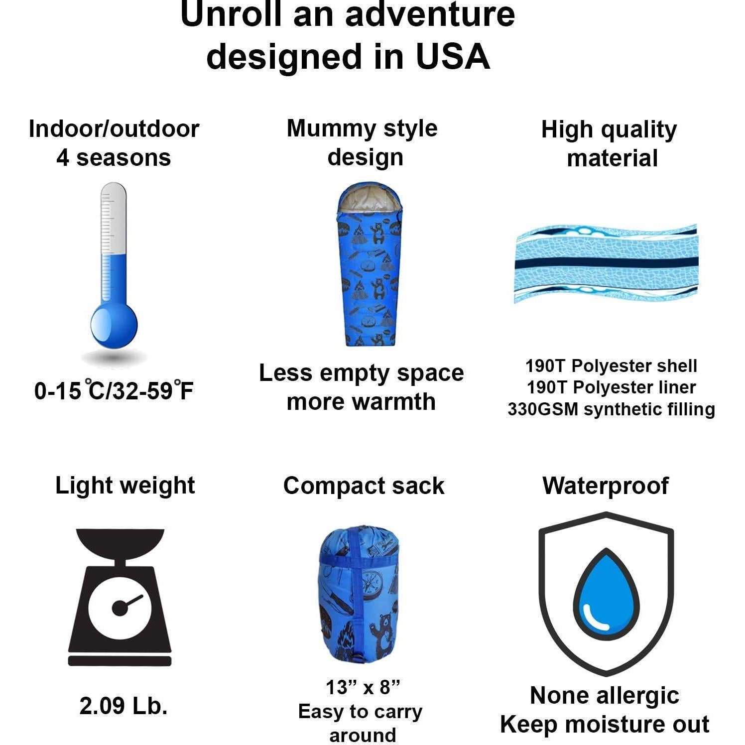 Saco de dormir ANJ Outdoors momia 1.70 m 4 estaciones azul