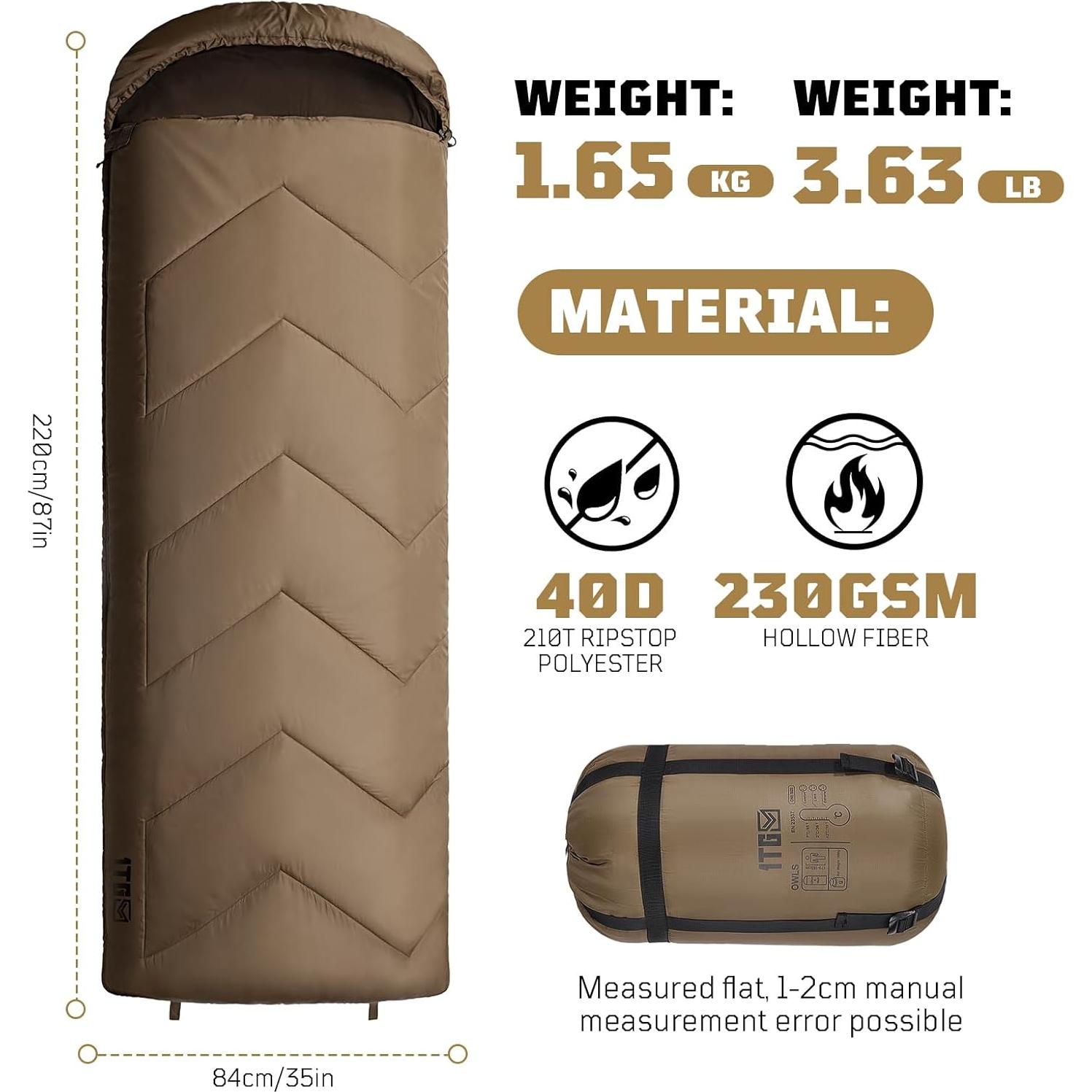 Saco de dormir 1TG Tactical 2-7°C para acampar y senderismo