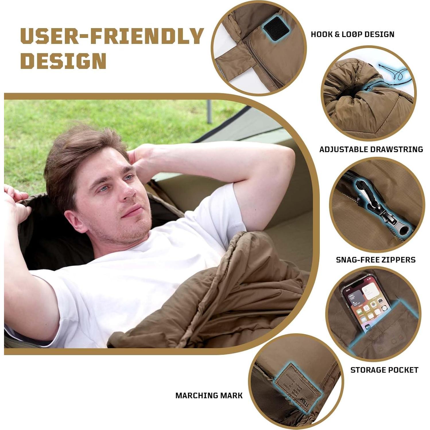 Saco de dormir 1TG Tactical 2-7°C para acampar y senderismo