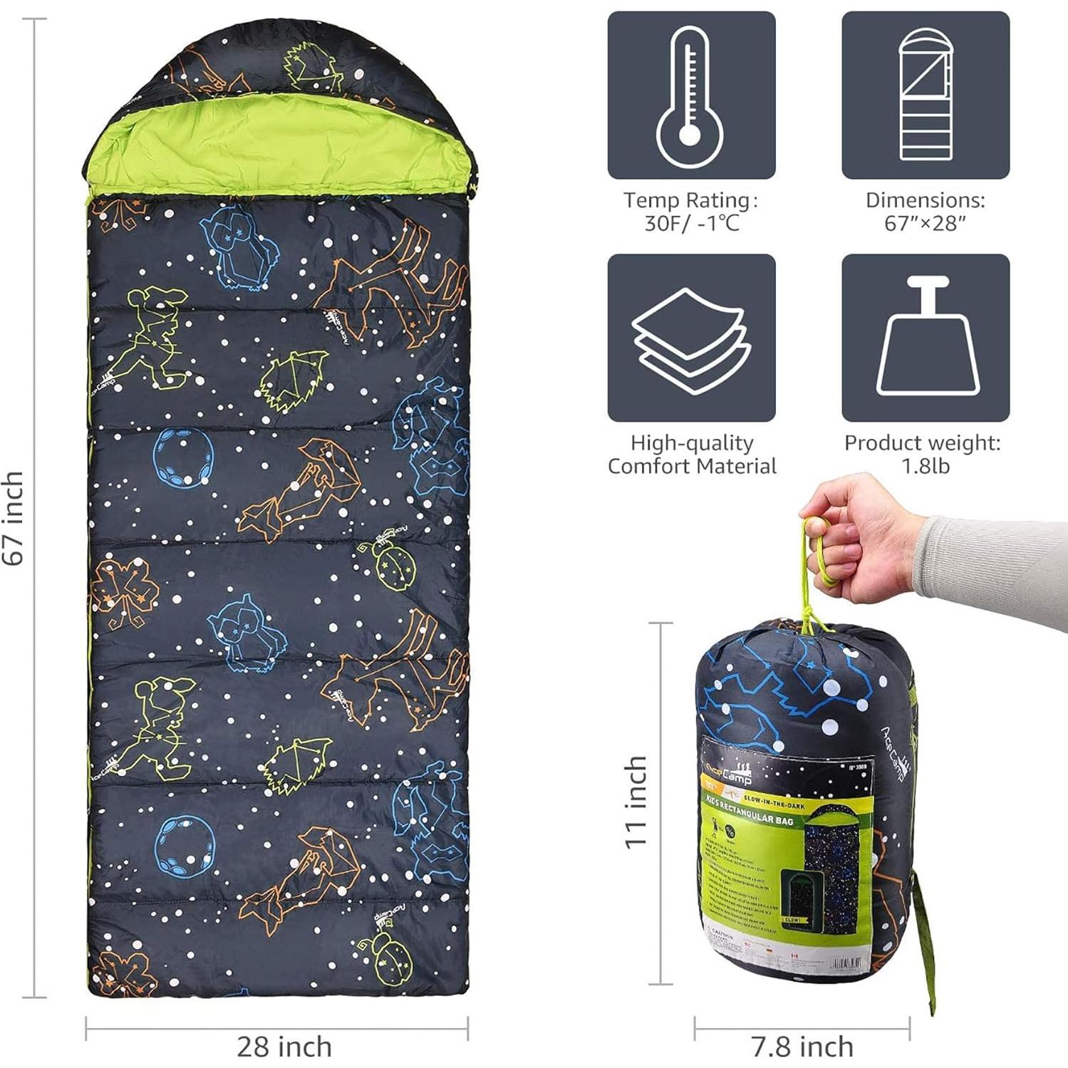 Saco de dormir AceCamp para niños - Brilla en la oscuridad