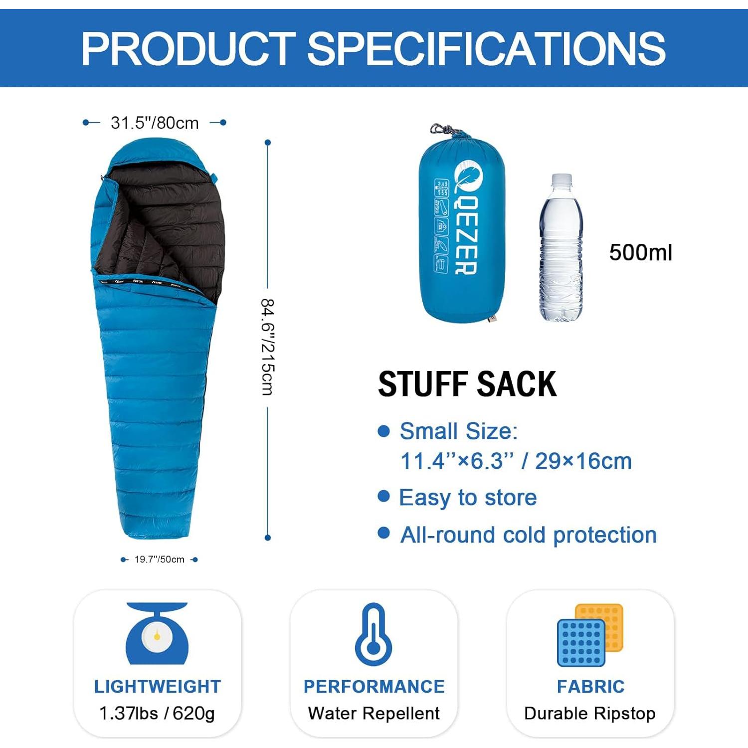 Saco de dormir momia QEZER 600FP ultraligero 215.7x80cm