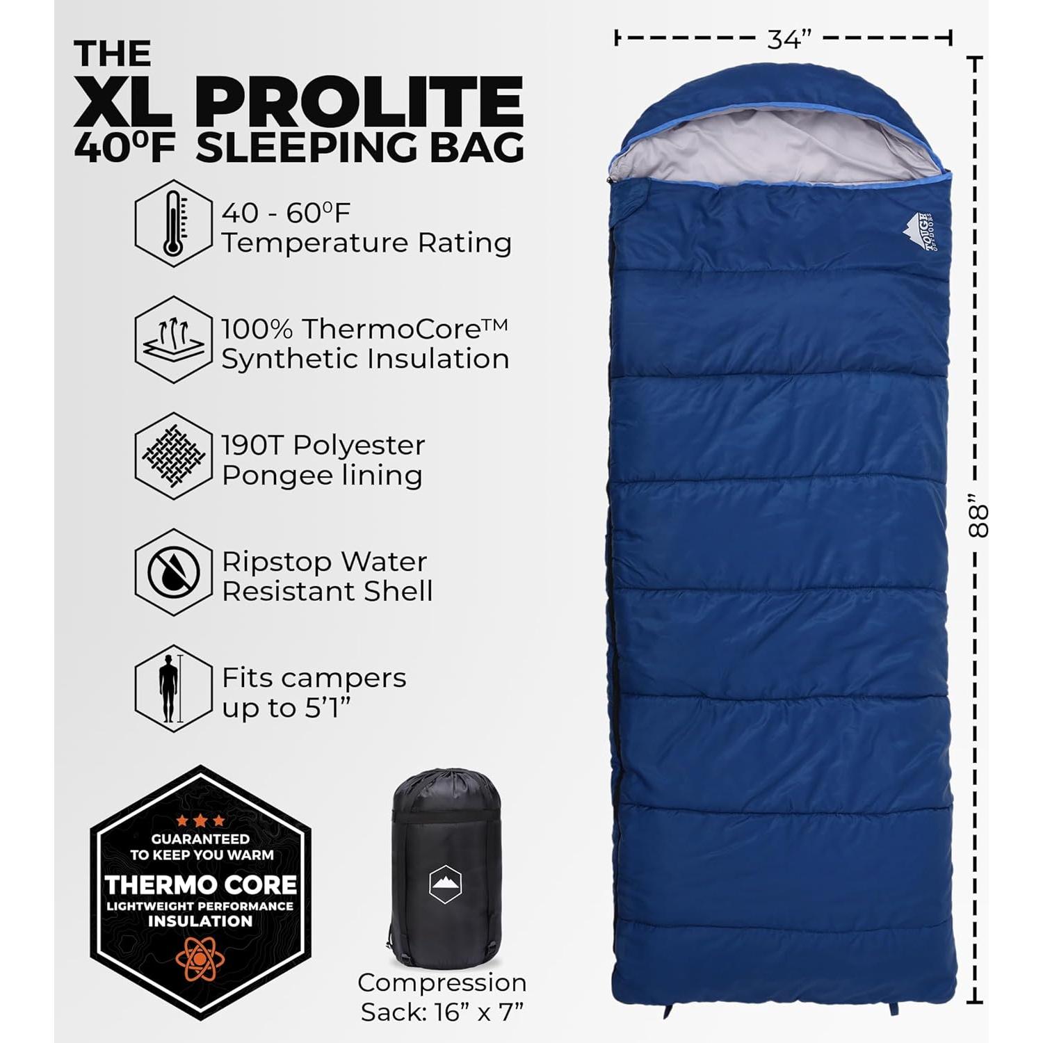 Saco de Dormir XL Tough Outdoors 4-15°C Impermeable 223.5x86.4cm