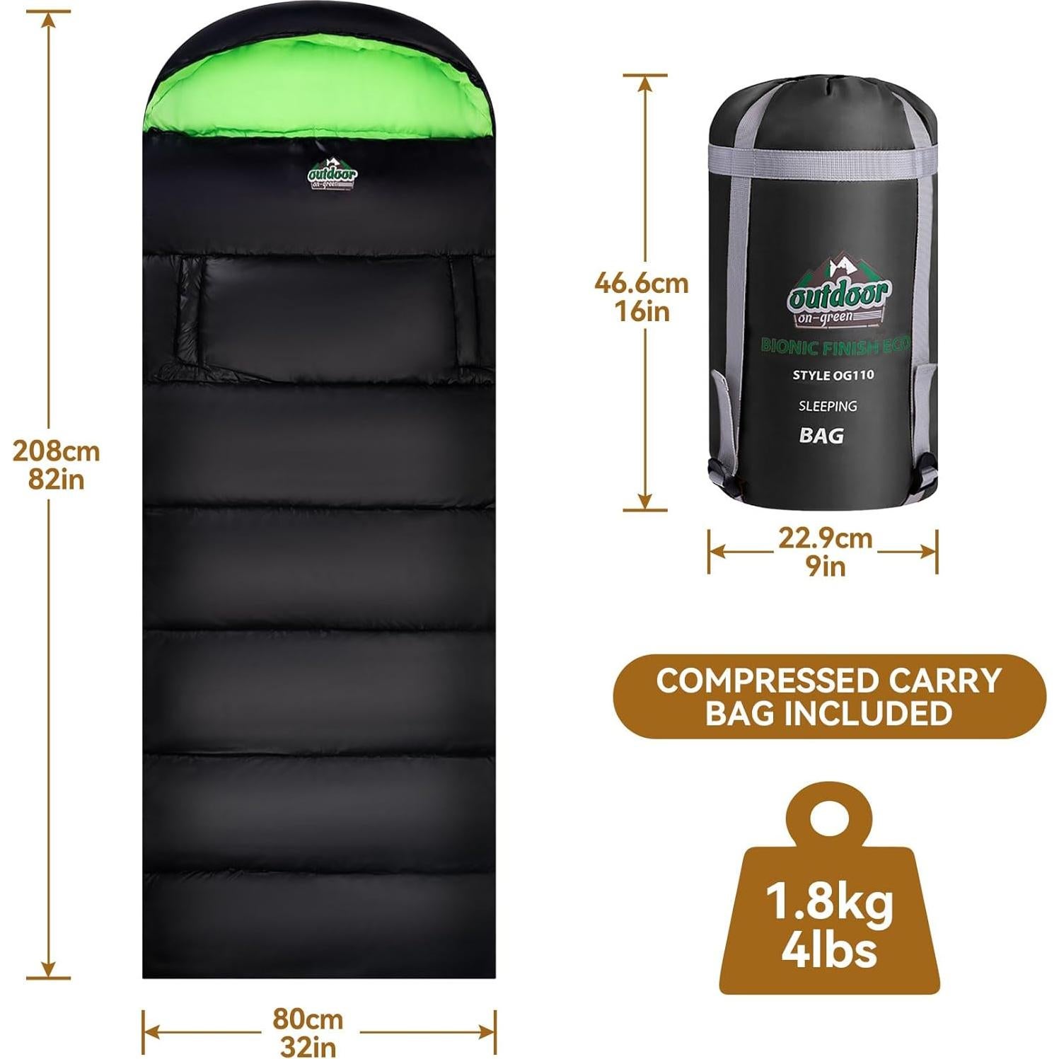 Saco de Dormir Outdoor On-Green 4 Estaciones 208x81cm Verde