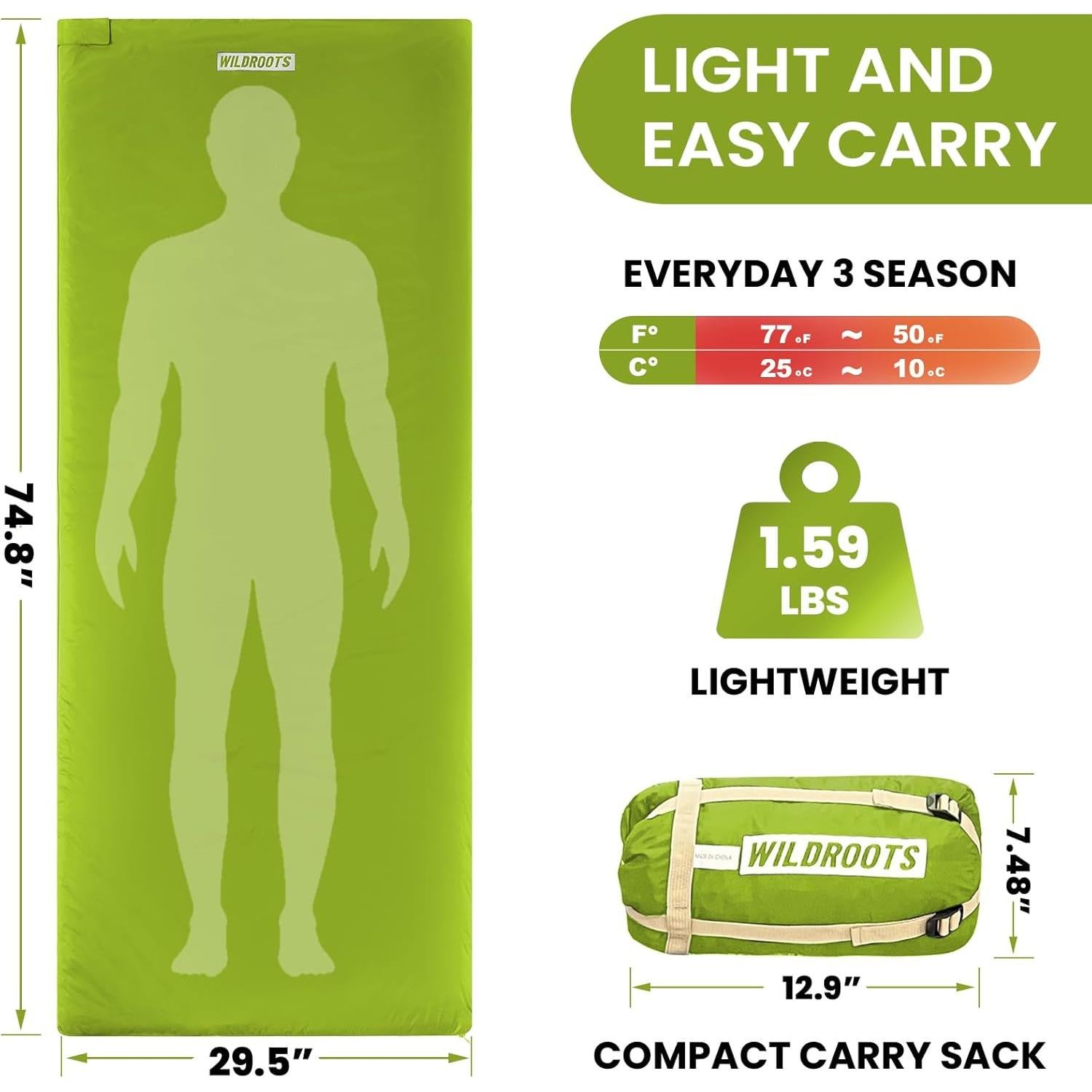 Saco de Dormir WILDROOTS Verde 3 Estaciones 189.9x74.9 cm