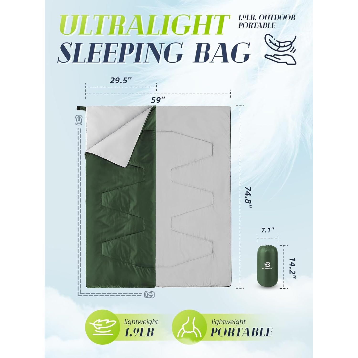 Saco de dormir Bessport ultraligero 3 estaciones verde 1 persona