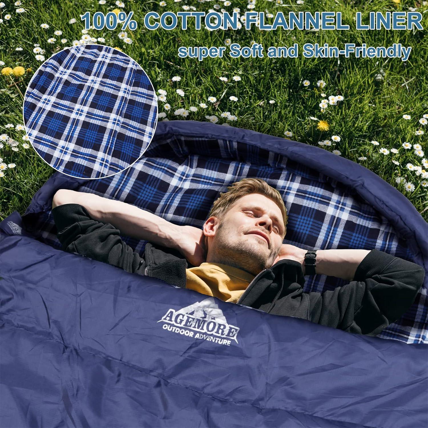 Saco de dormir AGEMORE XXL Algodón Flannel Impermeable 3-4 Estaciones