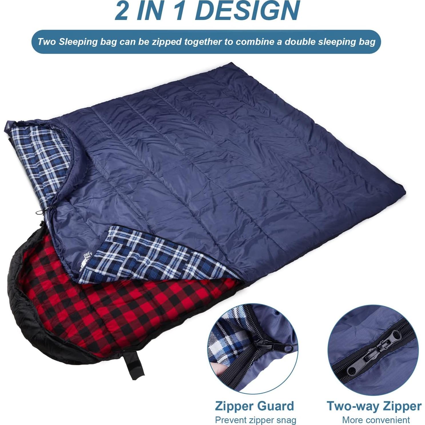 Saco de dormir AGEMORE XXL Algodón Flannel Impermeable 3-4 Estaciones