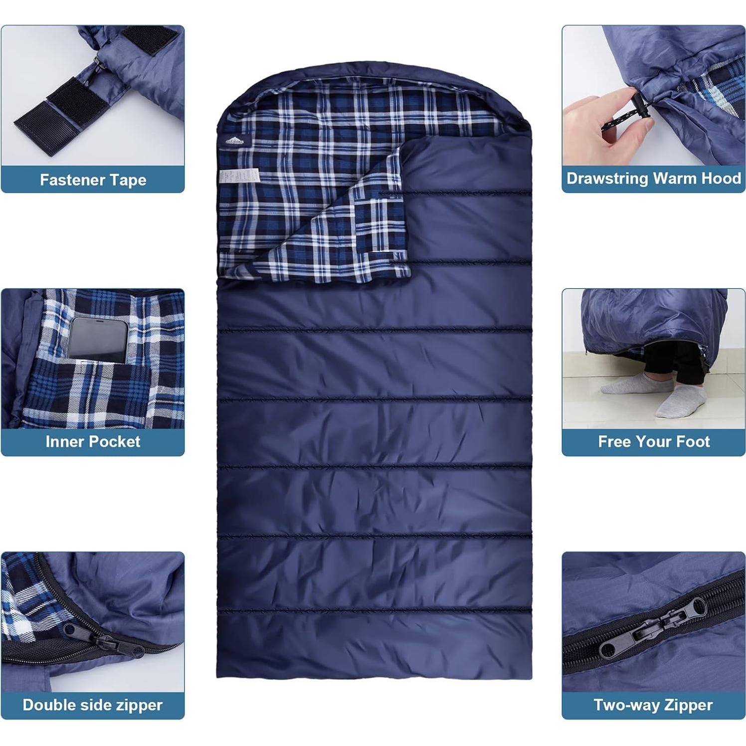 Saco de dormir AGEMORE XXL Algodón Flannel Impermeable 3-4 Estaciones