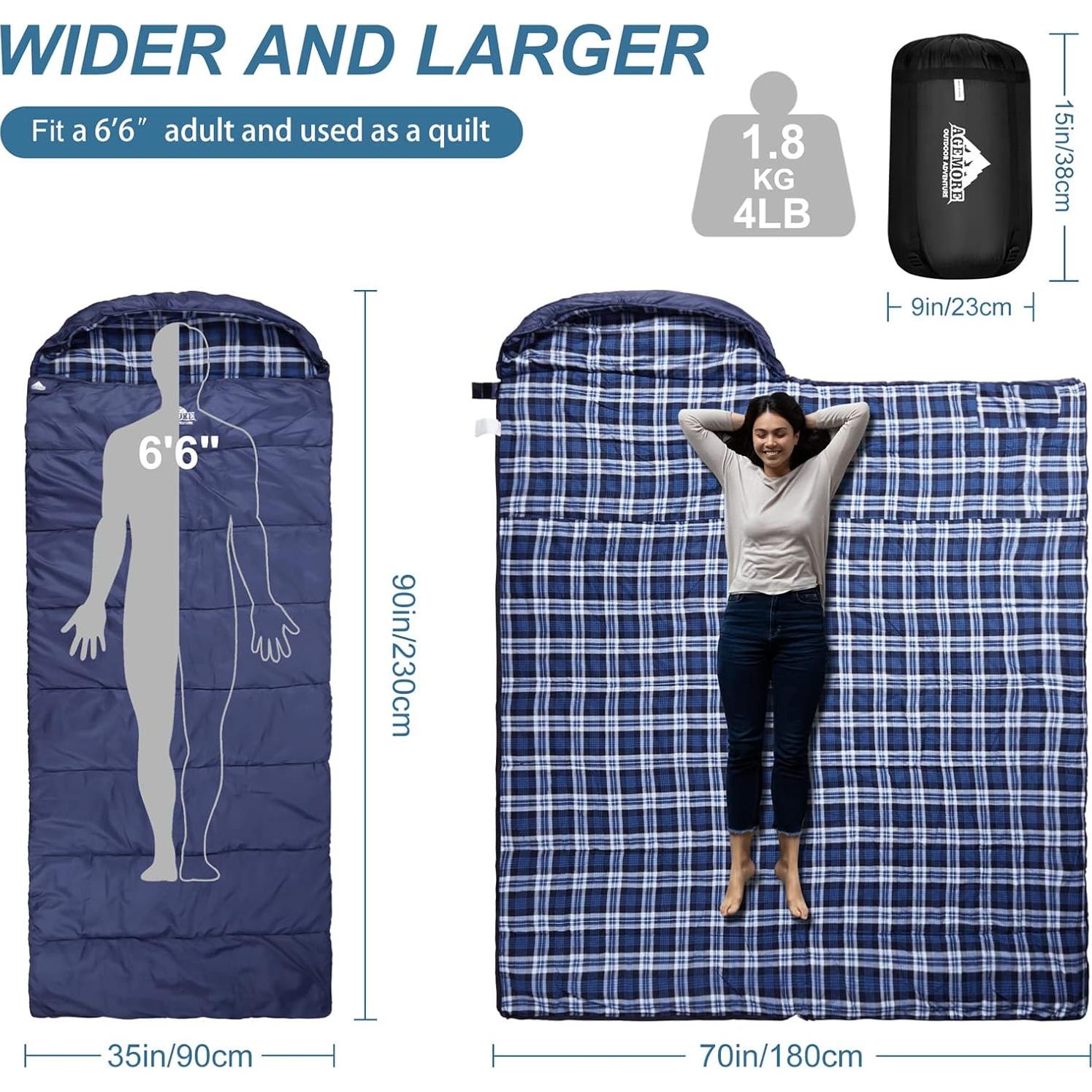 Saco de dormir AGEMORE XXL Algodón Flannel Impermeable 3-4 Estaciones