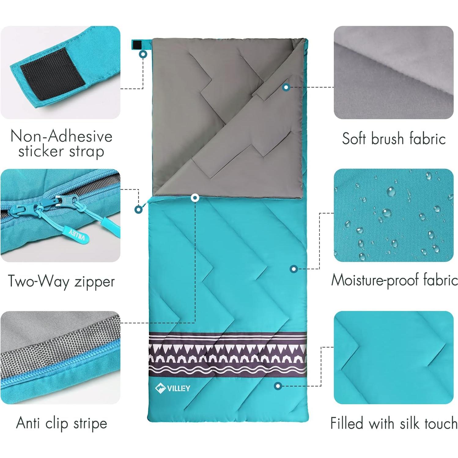 Saco de Dormir VILLEY Ligero 3 Temporadas 190.5x80cm Azul