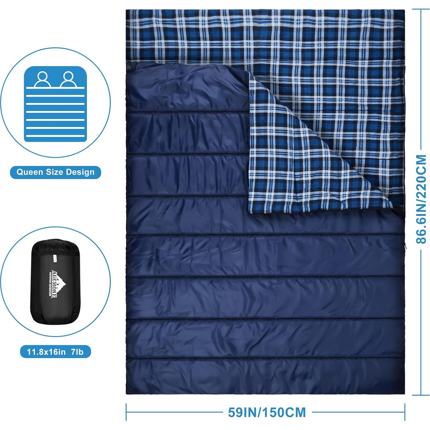 Saco de dormir doble AGEMORE algodón franela impermeable 2 personas