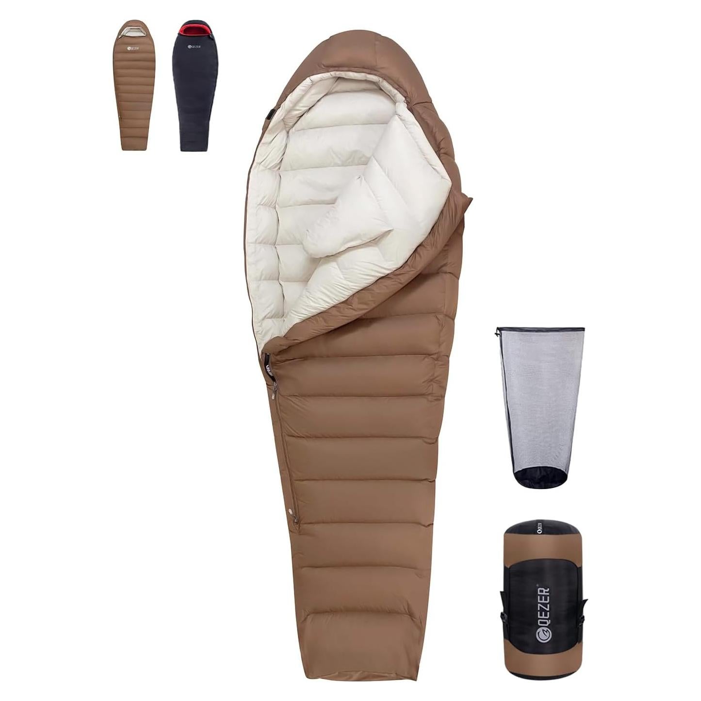 Saco de dormir QEZER 0 grados Momia Plumón 1.5 kg