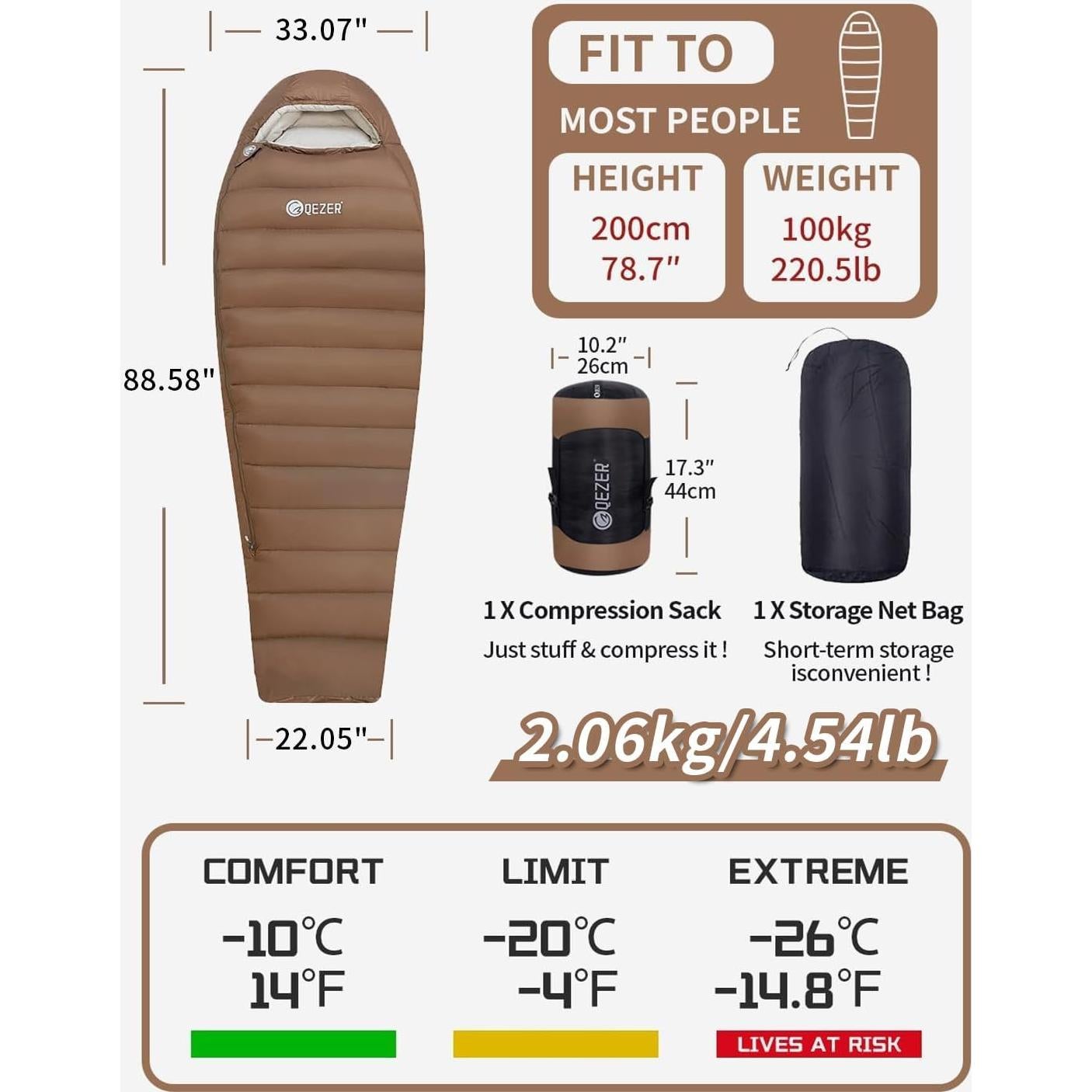 Saco de dormir QEZER 0 grados Momia Plumón 1.5 kg