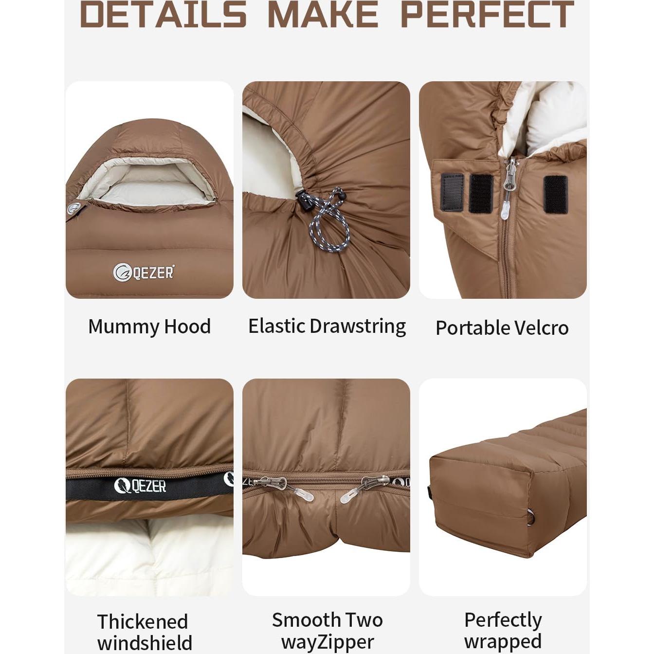 Saco de dormir QEZER 0 grados Momia Plumón 1.5 kg