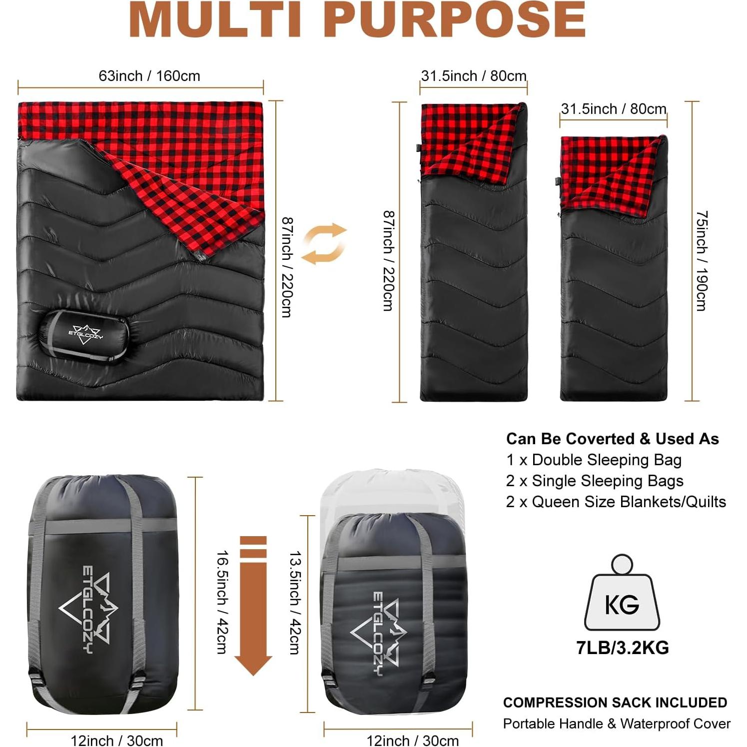 Saco de dormir doble ETGLCOZY Queen 220x160 cm impermeable