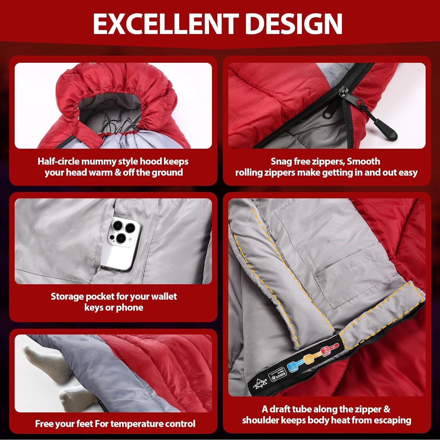 Saco de Dormir ETGLCOZY 4 Estaciones 220.9x85.1cm para Camping