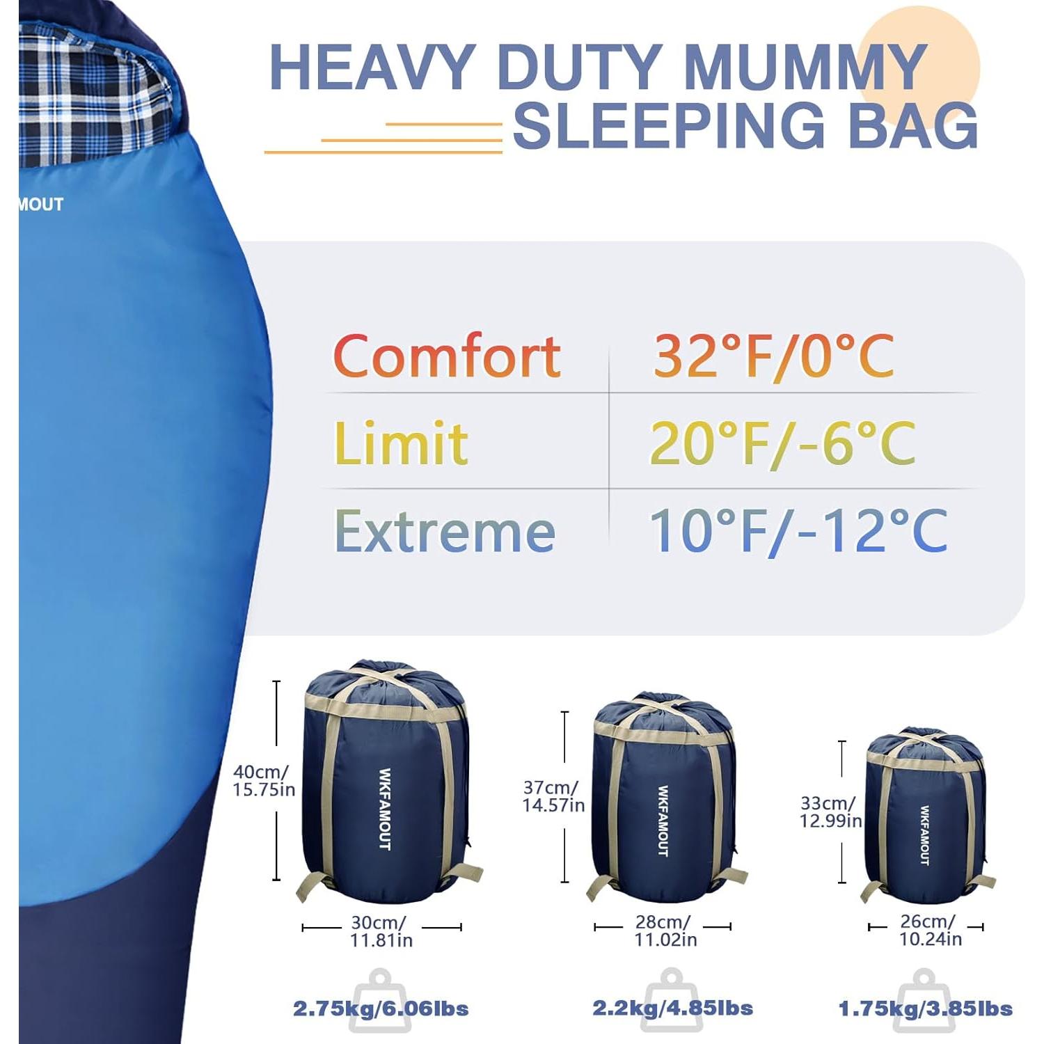 Saco de dormir momia WKFAMOUT 0°C Franela Lavable 1.77kg