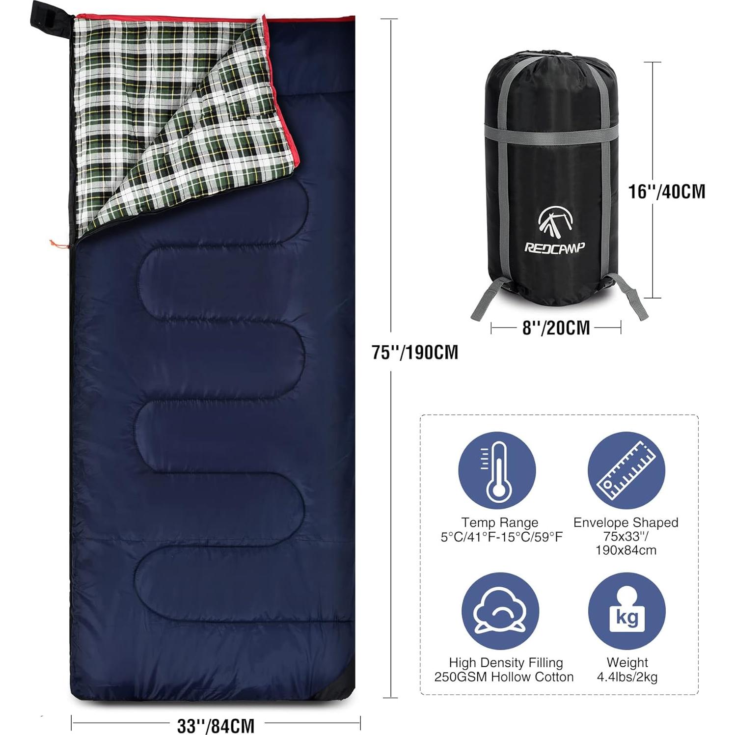 Saco de dormir REDCAMP de franela 2.1kg para camping