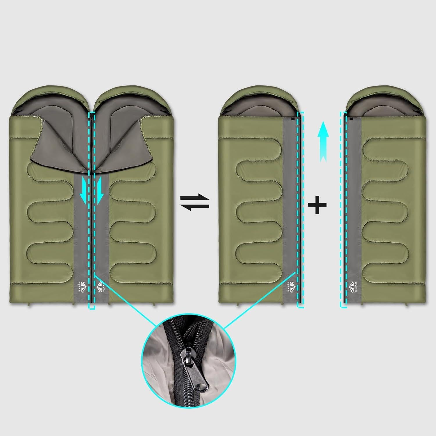 Saco de dormir doble Night Cat verde militar 210x140 cm