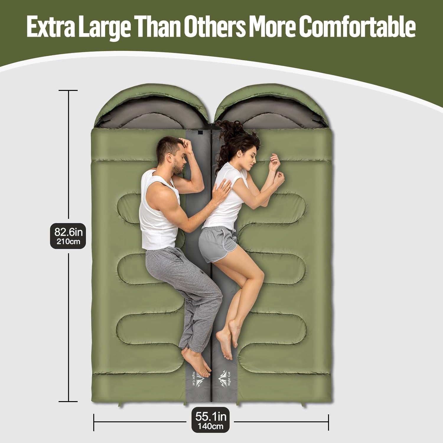 Saco de dormir doble Night Cat verde militar 210x140 cm