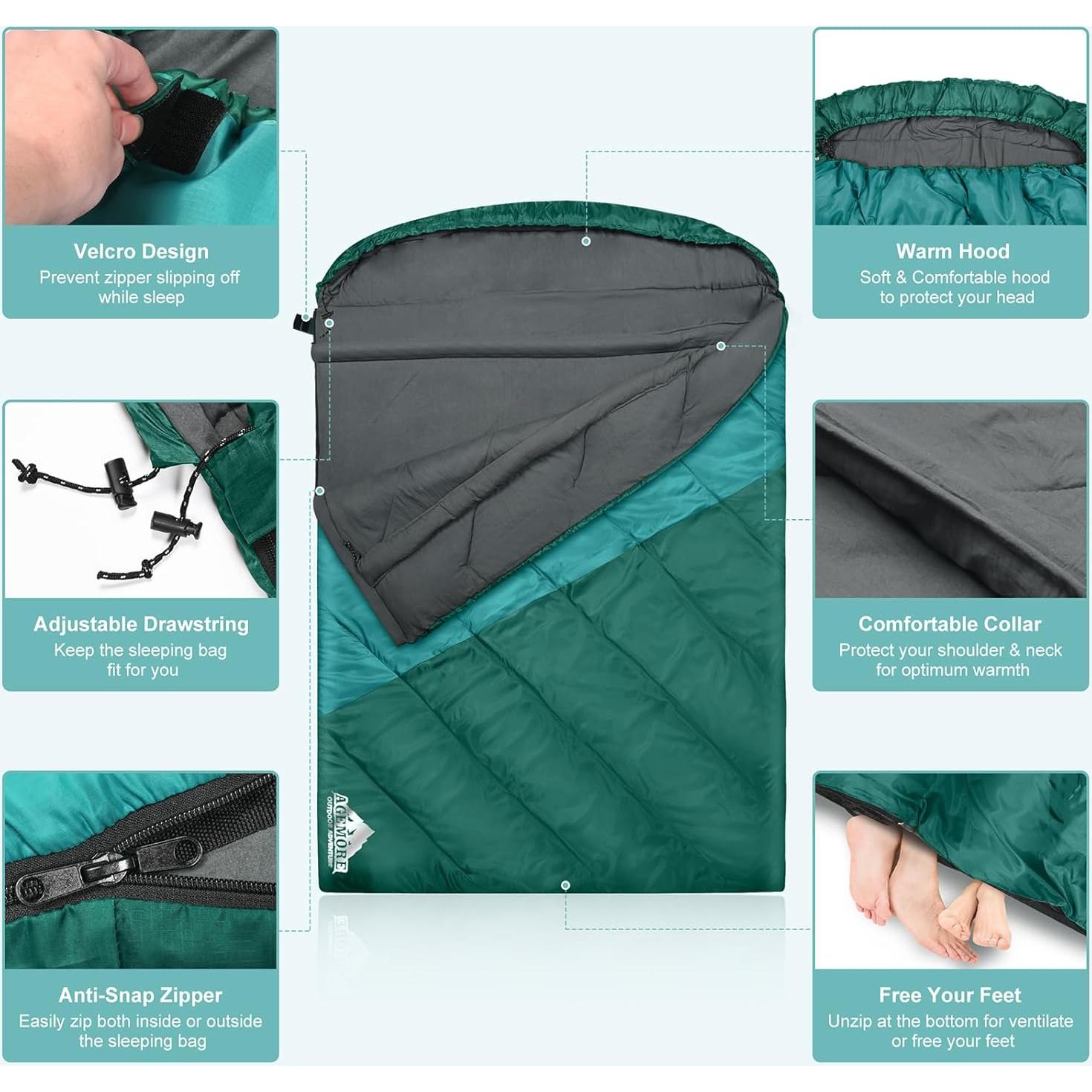 Saco de dormir AGEMORE sencillo y doble para camping 1.99kg