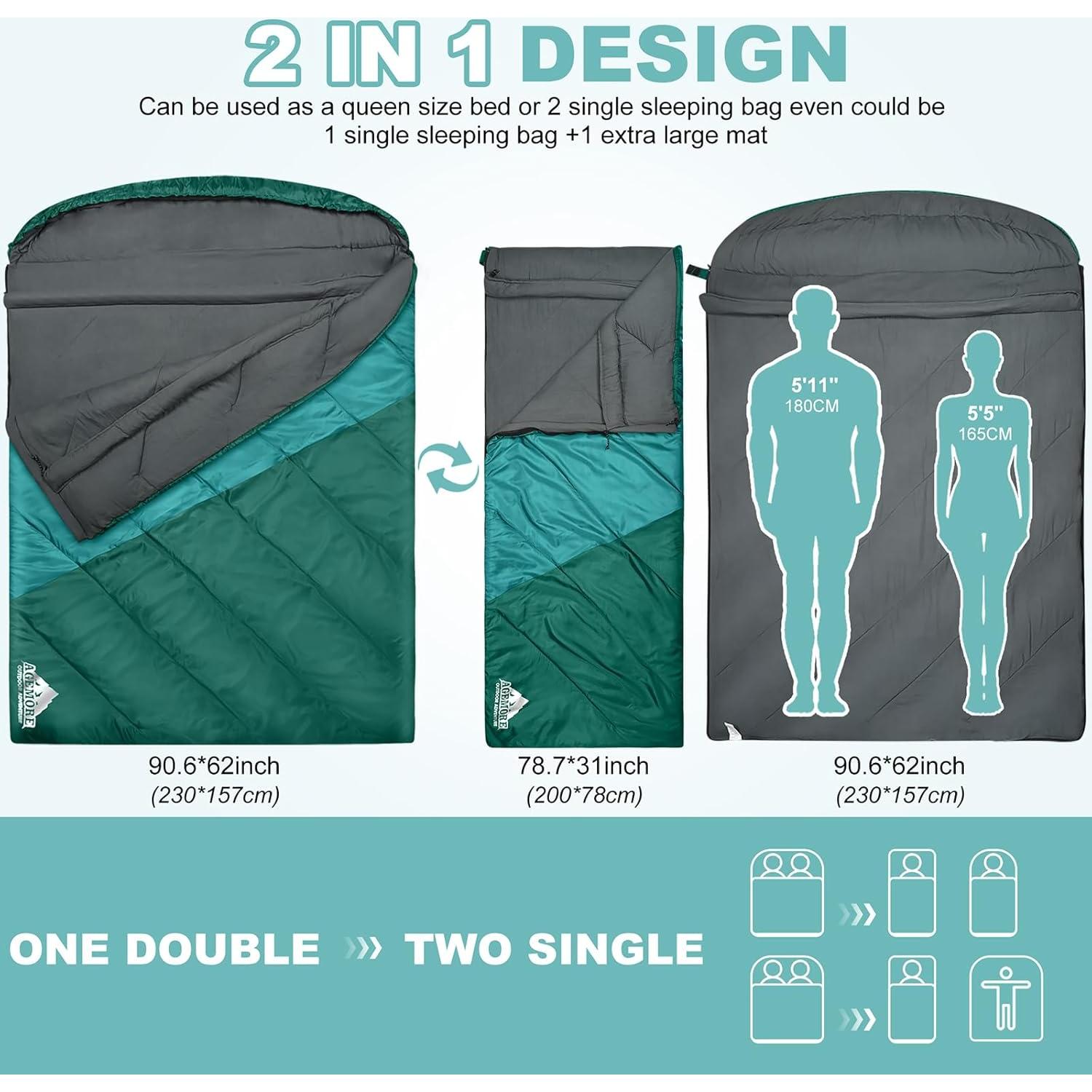 Saco de dormir AGEMORE sencillo y doble para camping 1.99kg