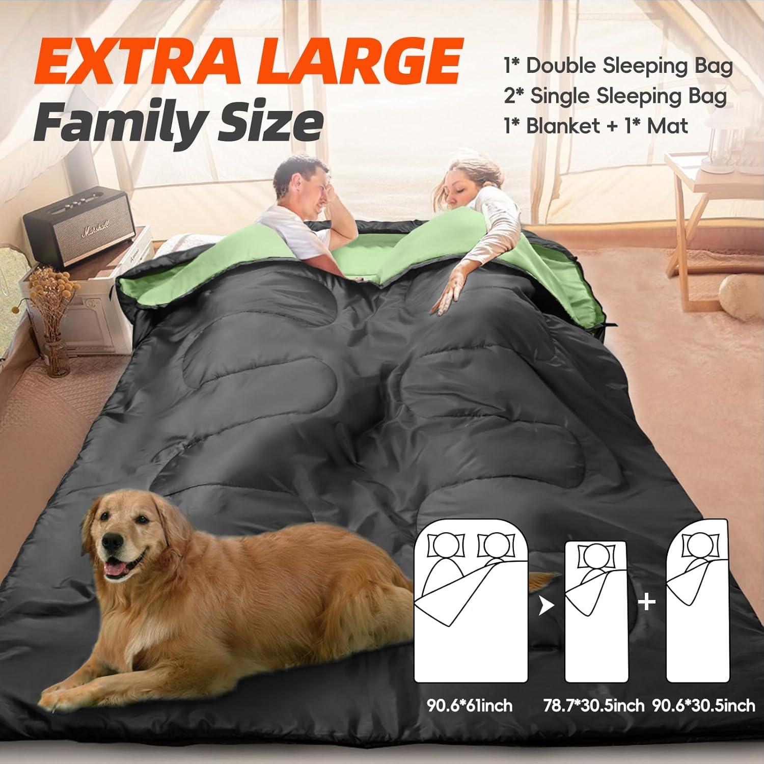 Saco de dormir doble MEREZA XL para 2 personas con almohadas